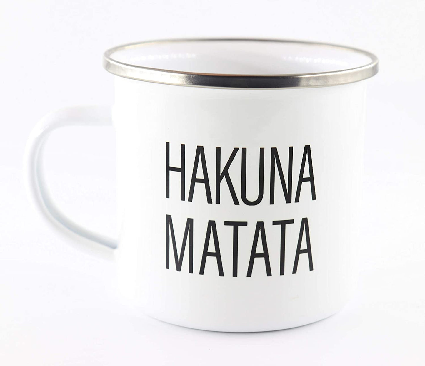 PICSonPAPER Emaille Tasse mit Schriftzug Hakuna Matata, Geschenk, Edelstahl-Becher, Metall-Tasse, Campingbecher, Kaffeetasse