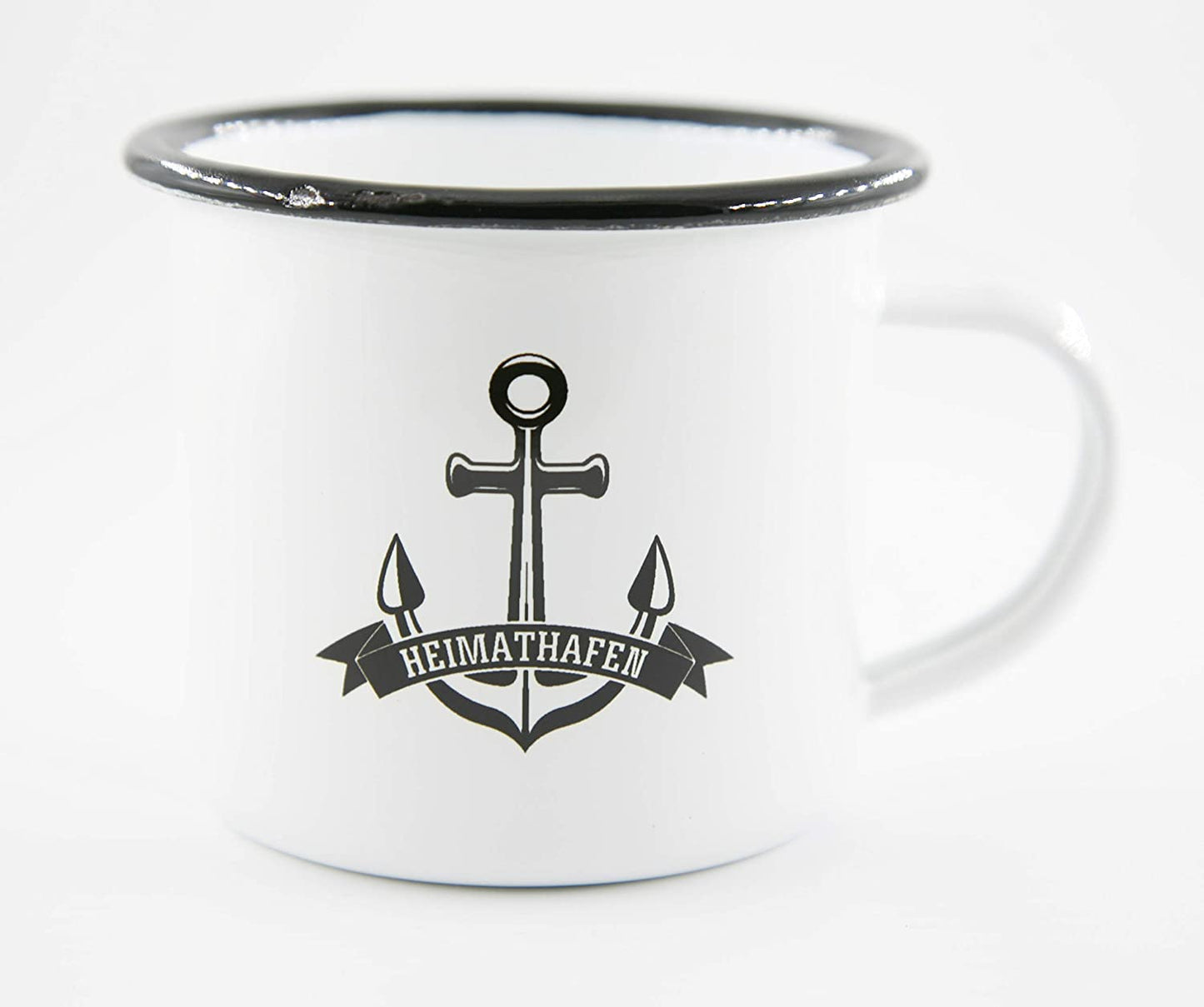 PICSonPAPER Emaille Tasse mit Anker und Schriftzug Heimathafen, Geschenk, Edelstahl-Becher, Metall-Tasse, Campingbecher, Kaffeetasse