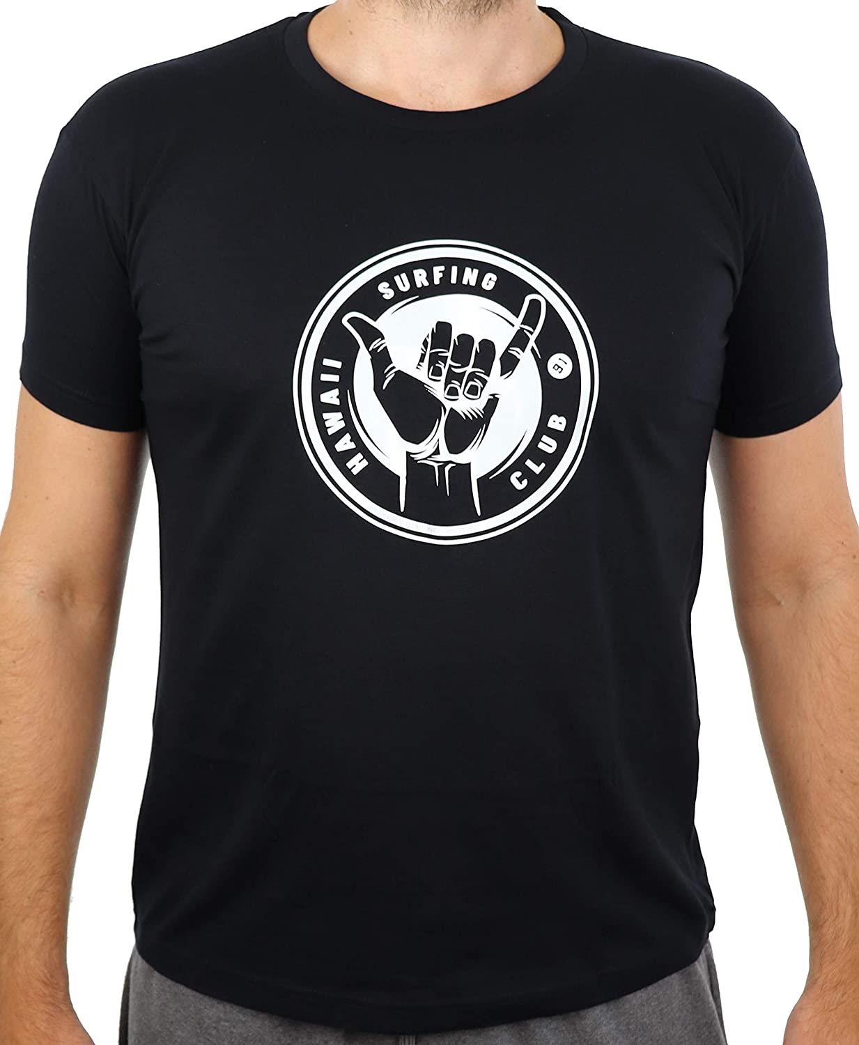 Surf-T-Shirt, Schwarzes T-Shirt mit weissem Aufdruck Hawaii Surfing Club Shaka, Surfgrafik, Surfer (Surfing Club