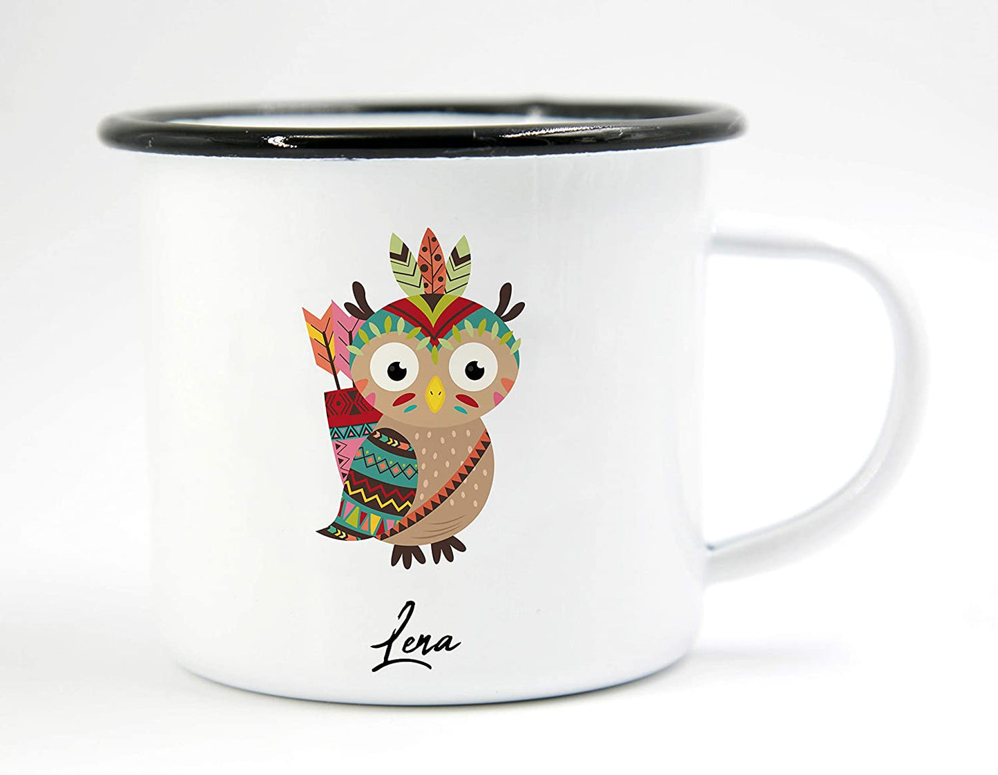 PICSonPAPER Personalisierbare Emaille-Tasse mit süßer Indianer-Eulen-Illustration, Geschenk, Edelstahl-Becher, Metall-Tasse (Eule)