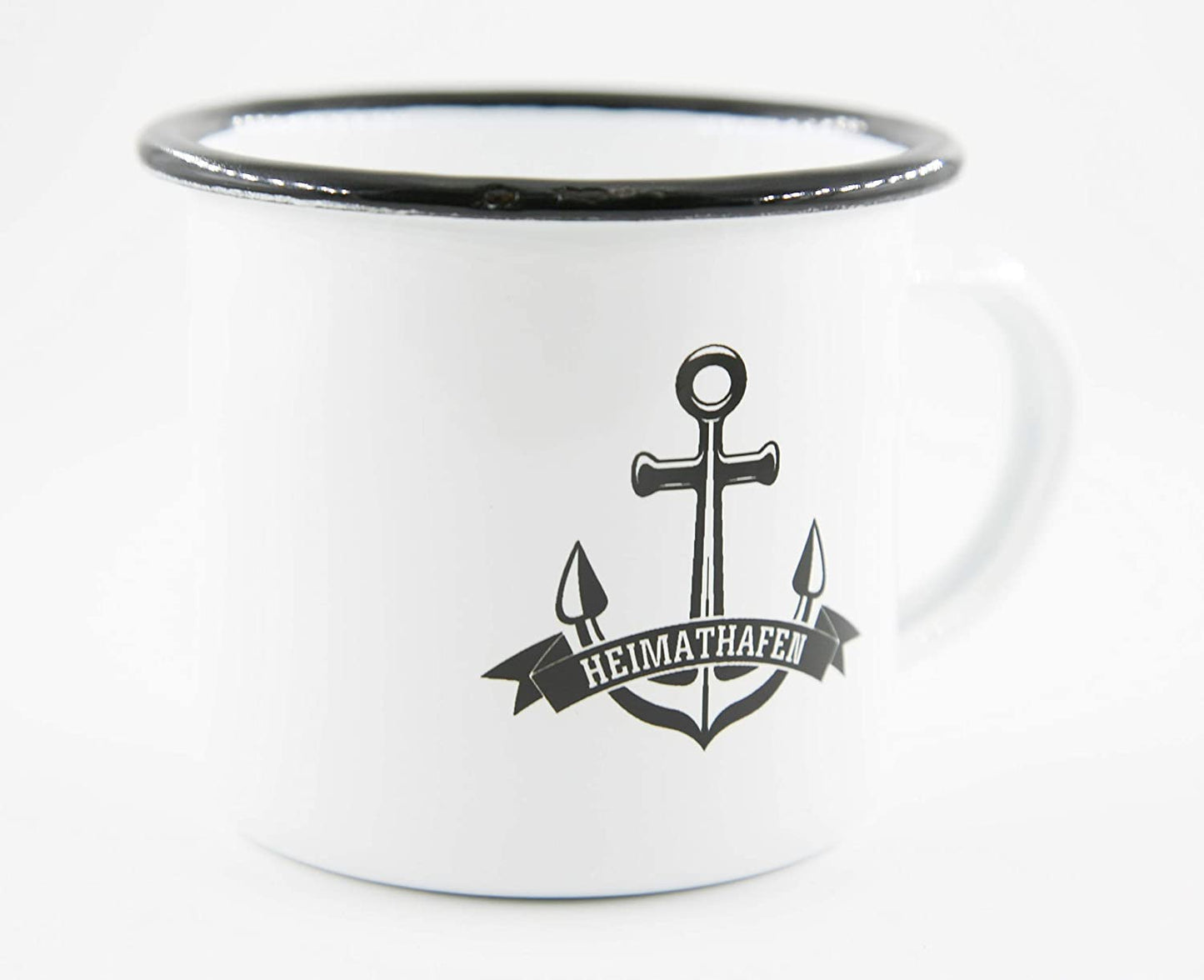 PICSonPAPER Emaille Tasse mit Anker und Schriftzug Heimathafen, Geschenk, Edelstahl-Becher, Metall-Tasse, Campingbecher, Kaffeetasse