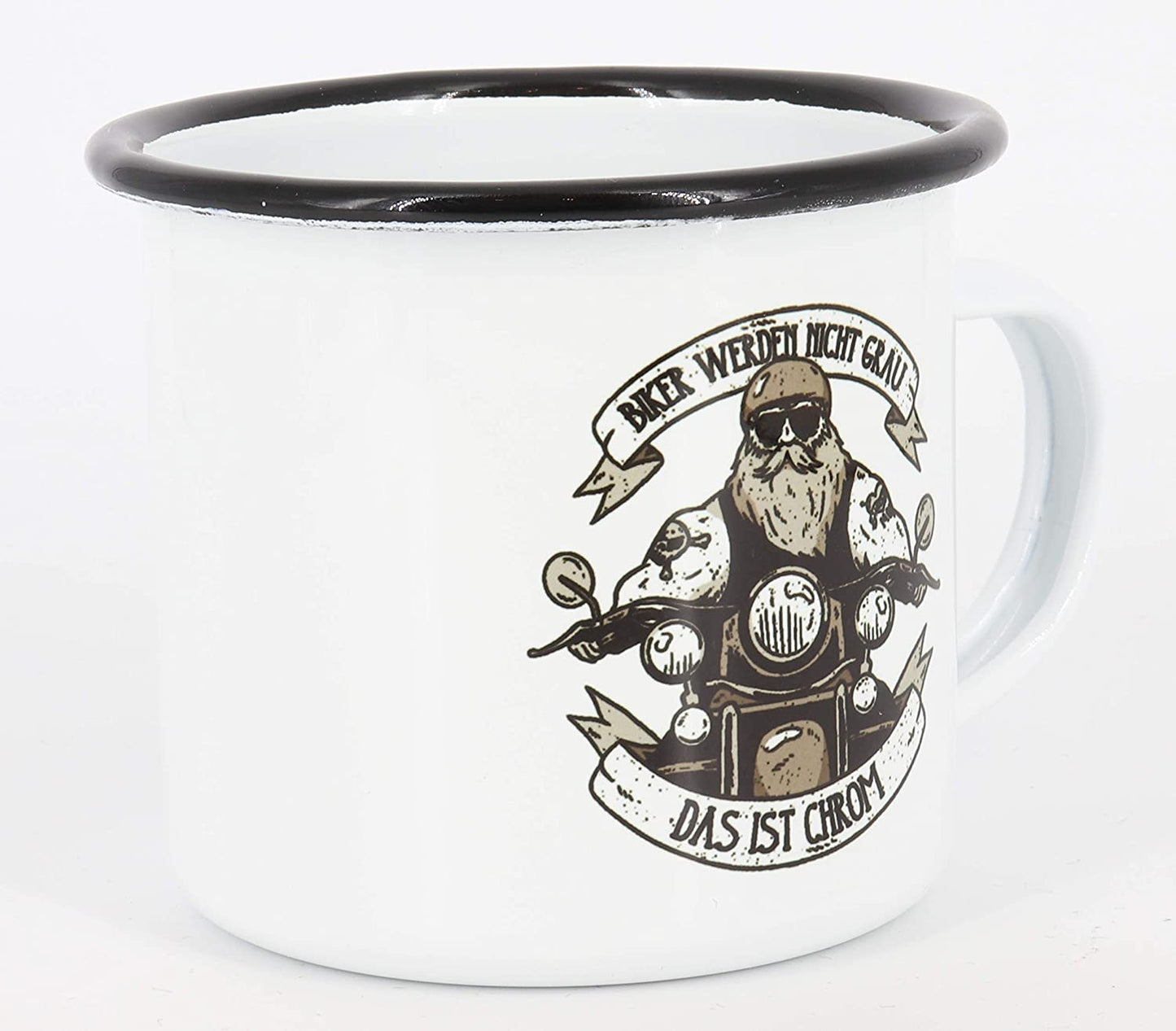 Emaille Tasse Spruch"Biker werden nicht graus, das ist Chrom", Geschenk, Edelstahl-Becher, Metall-Tasse, Campingbecher, Kaffeetasse, Biker