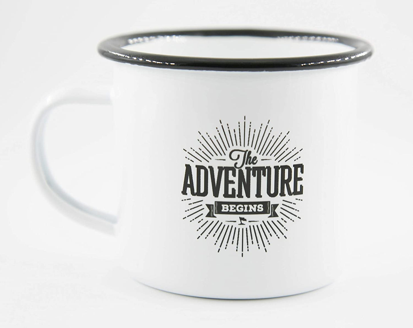 PICSonPAPER Emaille Tasse mit Spruch The Adventure Begins, Geschenk, Edelstahl-Becher, Metall-Tasse, Campingbecher, Kaffeetasse (Motiv 2)