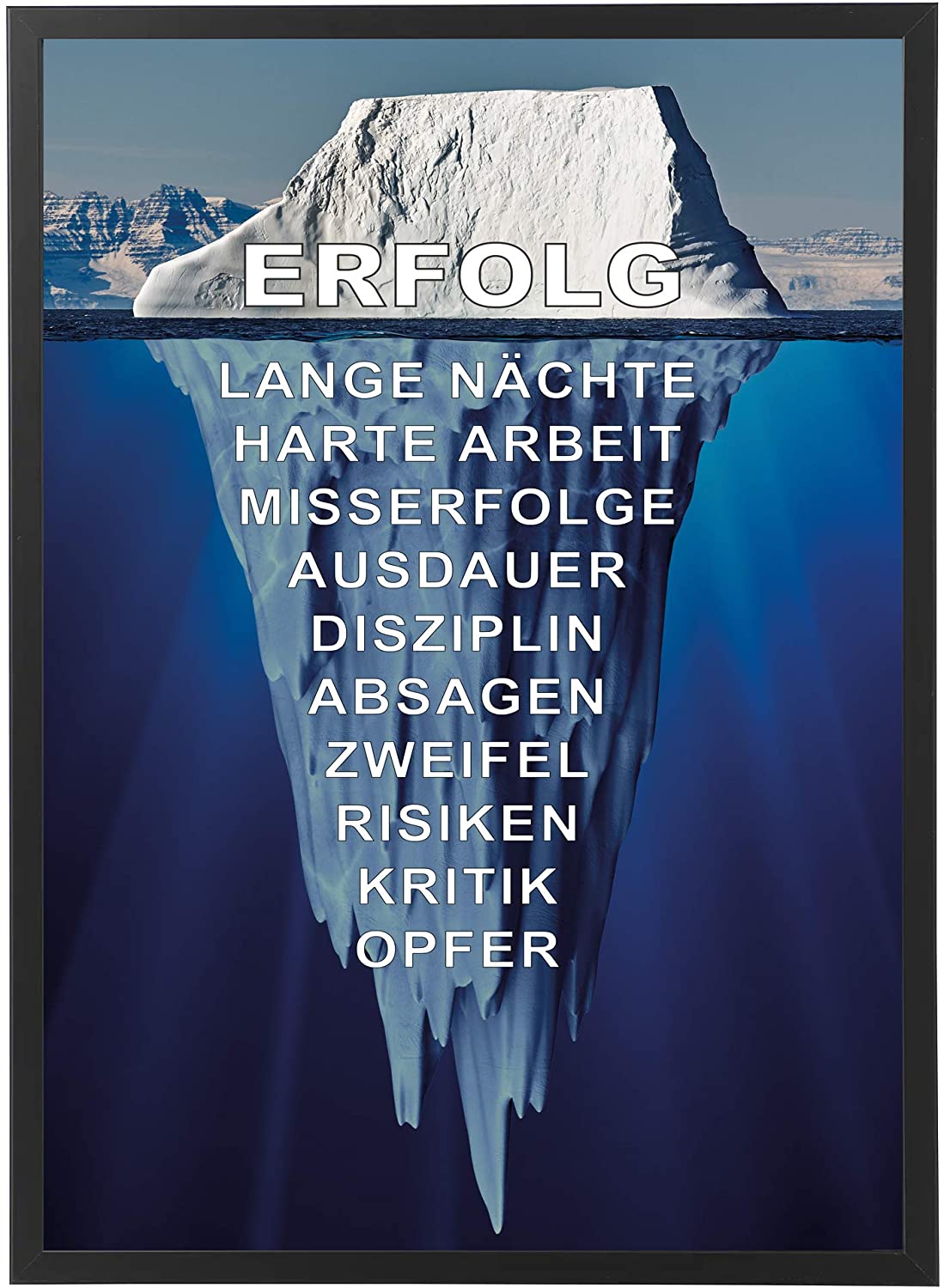 PICSonPAPER Motivations-Poster 50 cm x 70 cm, Eisberg des Erfolgs mit schwarzem Bilderrahmen, Poster mit Rahmen (50 cm x 70 cm)