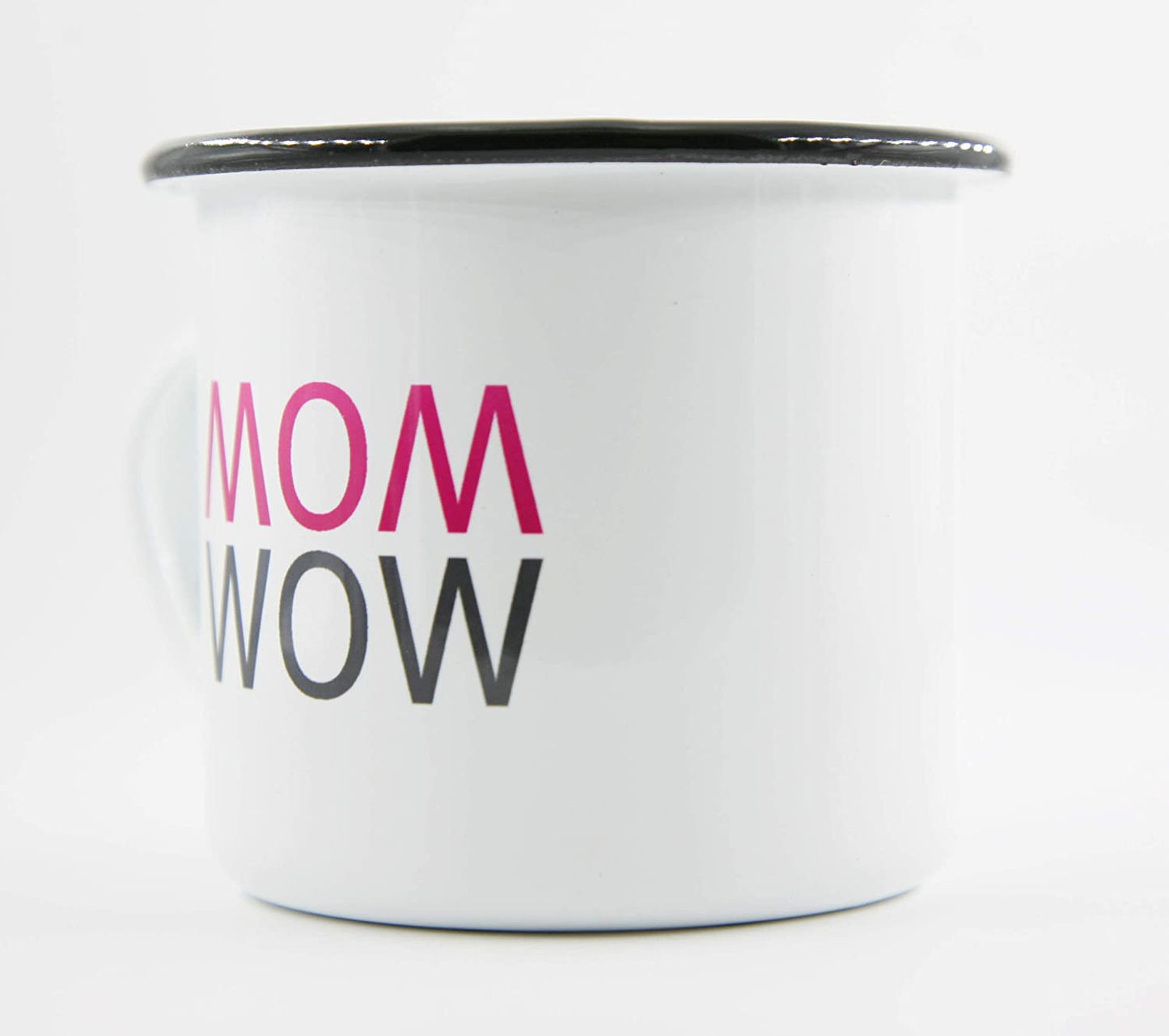 PICSonPAPER Emaille Tasse mit Spruch MOM - Wow, Geschenk, Edelstahl-Becher, Metall-Tasse, Muttertagsgeschenk