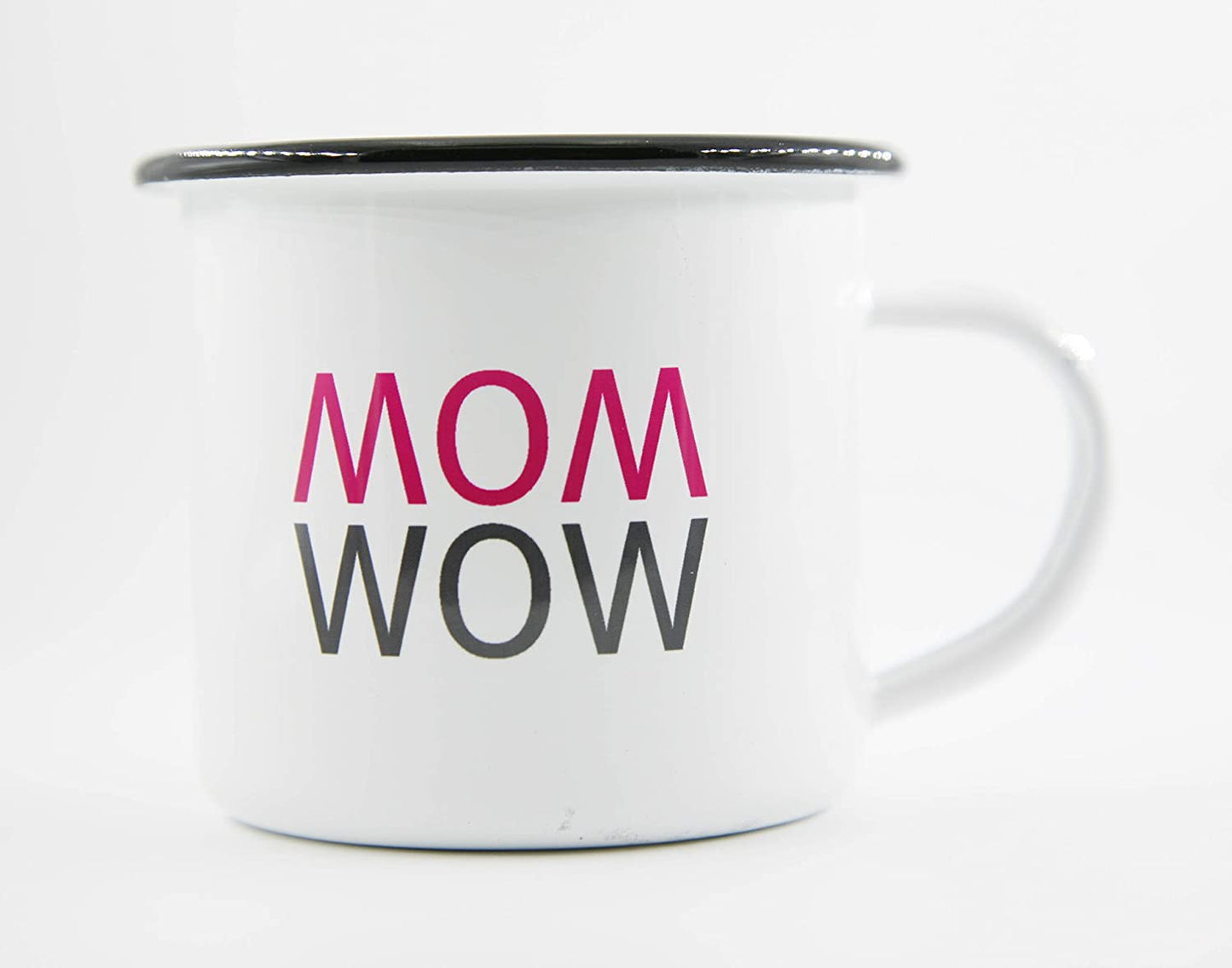PICSonPAPER Emaille Tasse mit Spruch MOM - Wow, Geschenk, Edelstahl-Becher, Metall-Tasse, Muttertagsgeschenk