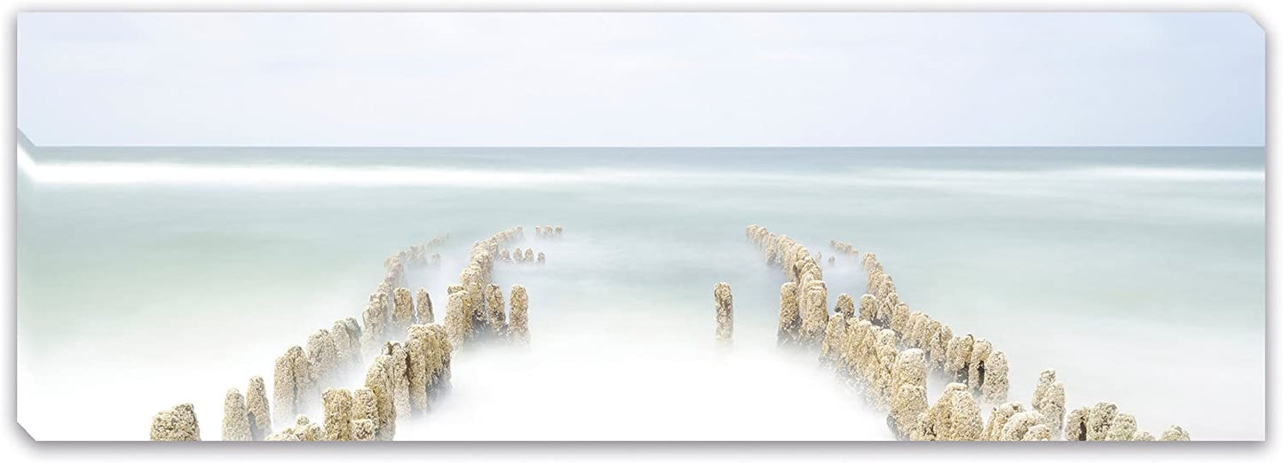 PICSonPAPER Leinwandbild Panorama Buhnen, 90 cm x 30 cm, Dekoration, Kunstdruck, Wandbild, Geschenk, Leinwand Natur (Nordsee Buhnen)