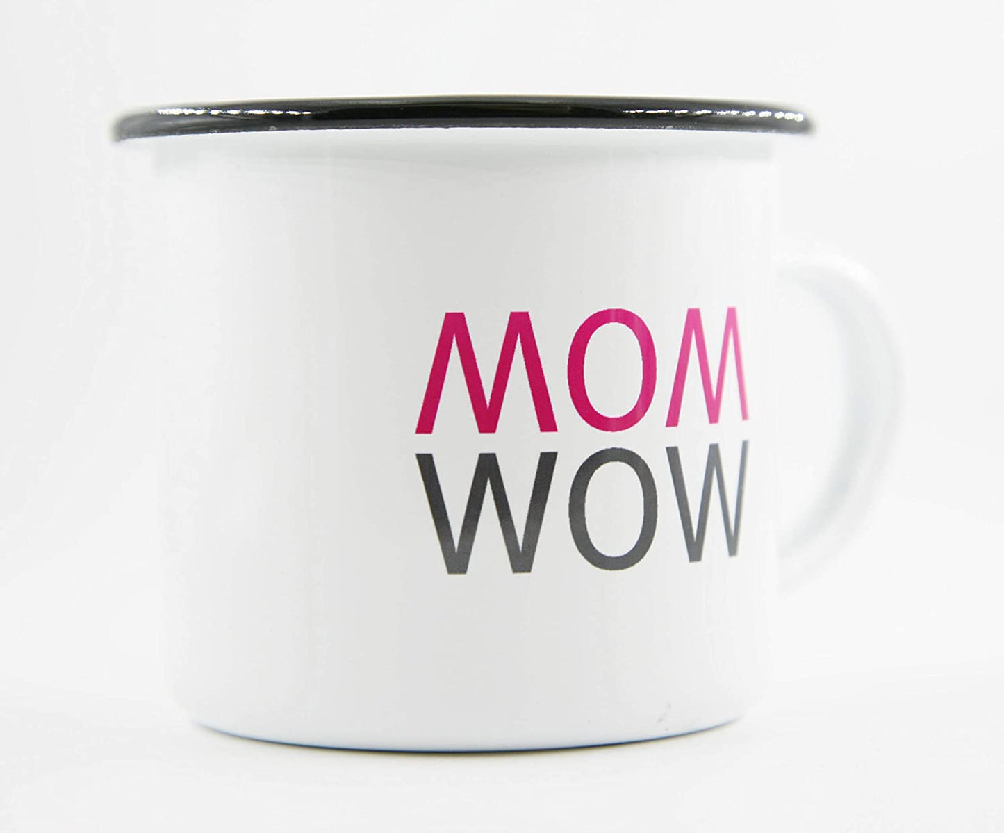 PICSonPAPER Emaille Tasse mit Spruch MOM - Wow, Geschenk, Edelstahl-Becher, Metall-Tasse, Muttertagsgeschenk