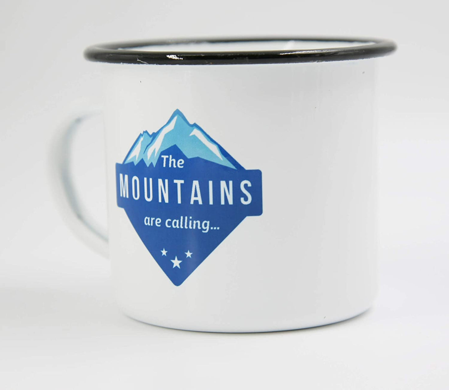 PICSonPAPER Emaille Tasse The Mountains Are Calling, Geschenk, Edelstahl-Becher, Metall-Tasse, Campingbecher, Kaffeetasse