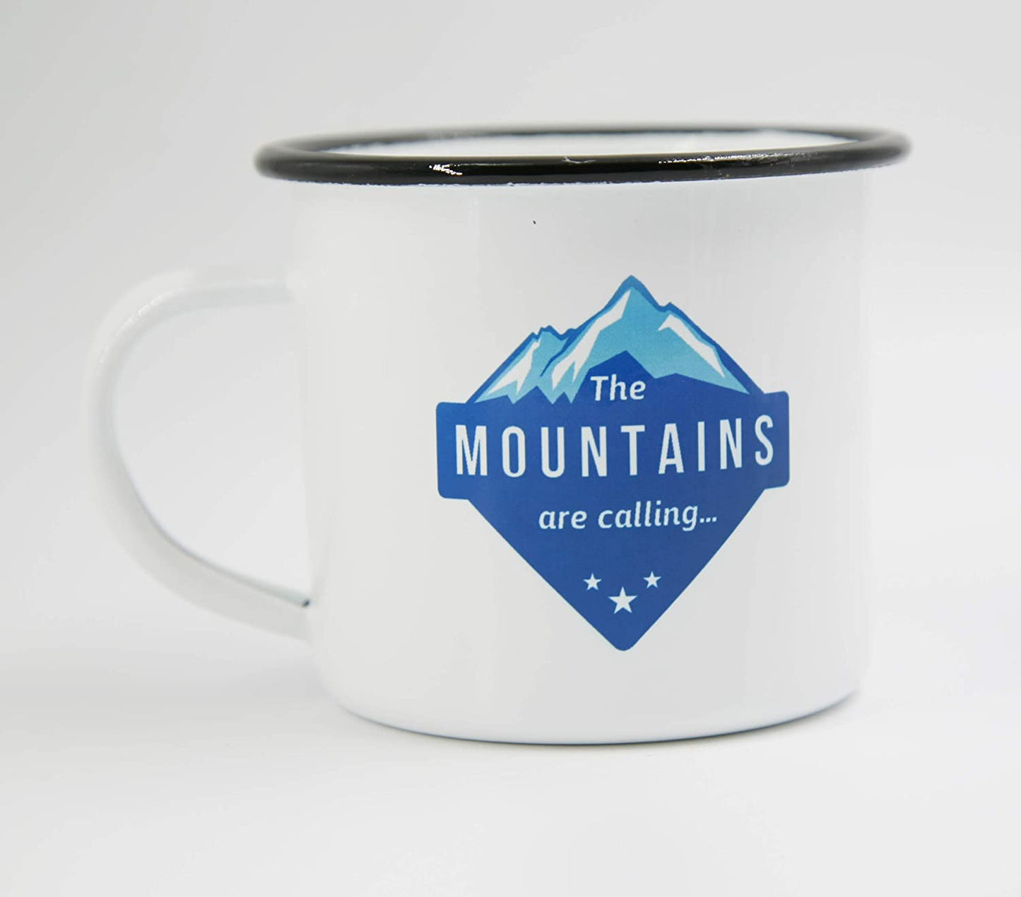 PICSonPAPER Emaille Tasse The Mountains Are Calling, Geschenk, Edelstahl-Becher, Metall-Tasse, Campingbecher, Kaffeetasse