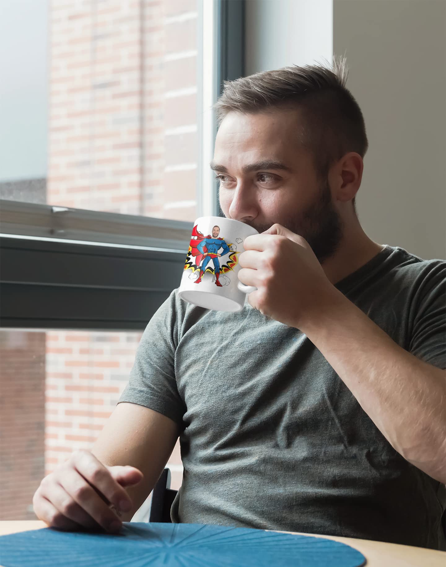 Tasse personalisiert mit Foto und Text, Superhelden Tasse mit Ihrem Wunsch-Gesicht und dreizeiligem Wunschtext