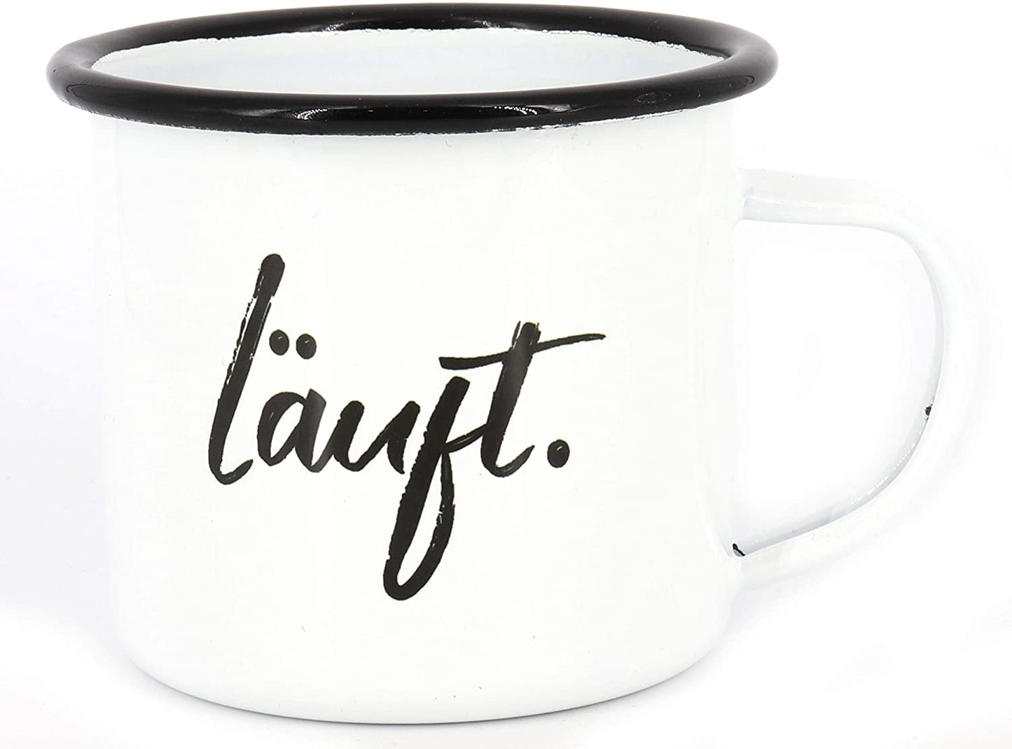 Emaille Tasse Spruch"Läuft", Geschenk, Edelstahl-Becher, Metall-Tasse, Campingbecher, Kaffeetasse