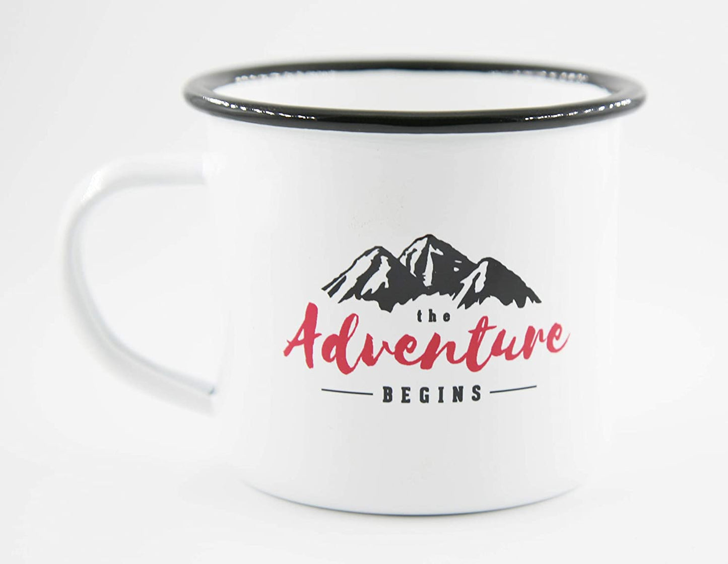 PICSonPAPER Emaille Tasse mit Spruch The Adventure Begins, Geschenk, Edelstahl-Becher, Metall-Tasse, Campingbecher, Kaffeetasse