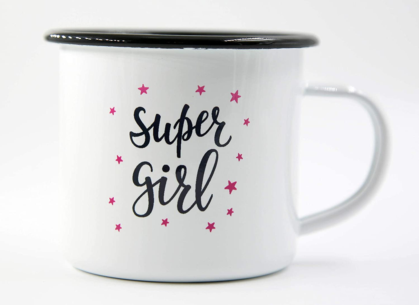 PICSonPAPER Emaille Tasse Spruch Super Girl, Geschenk, Edelstahl-Becher, Metall-Tasse, Campingbecher, Kaffeetasse