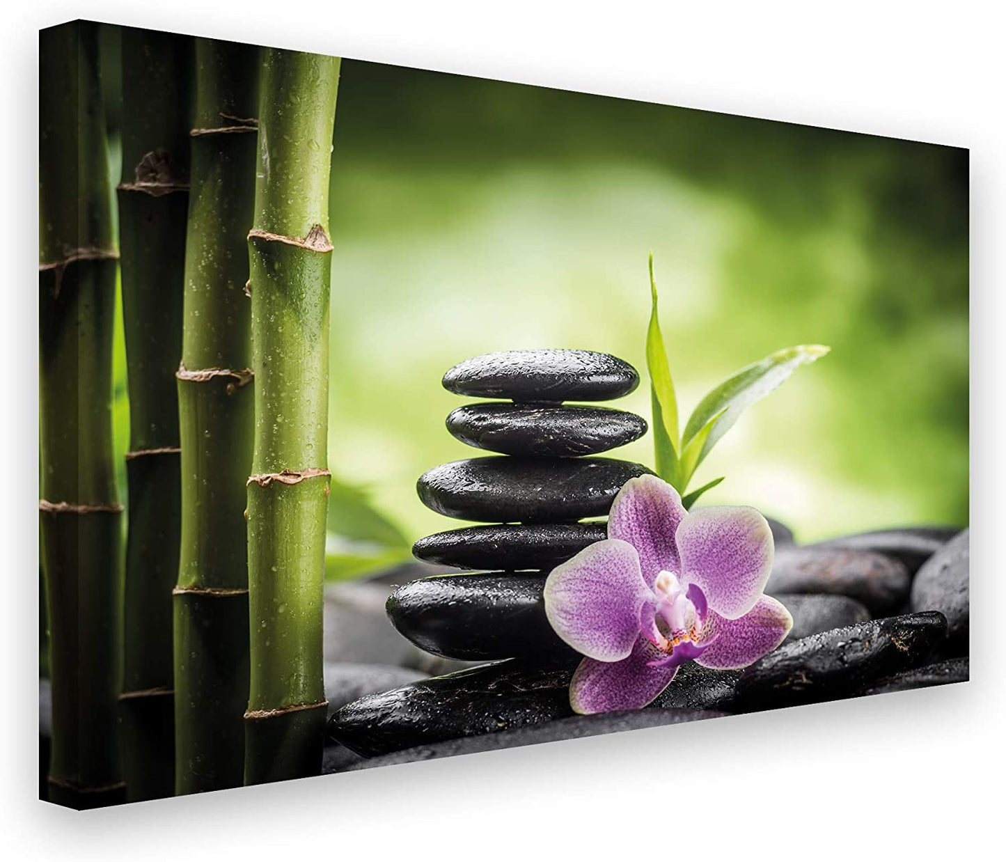 PICSonPAPER Leinwandbild Zen Steinturm Bambus Orchidee, 70 cm x 50 cm, Dekoration, Kunstdruck, Wandbild, Geschenk, Leinwand Enstpannung