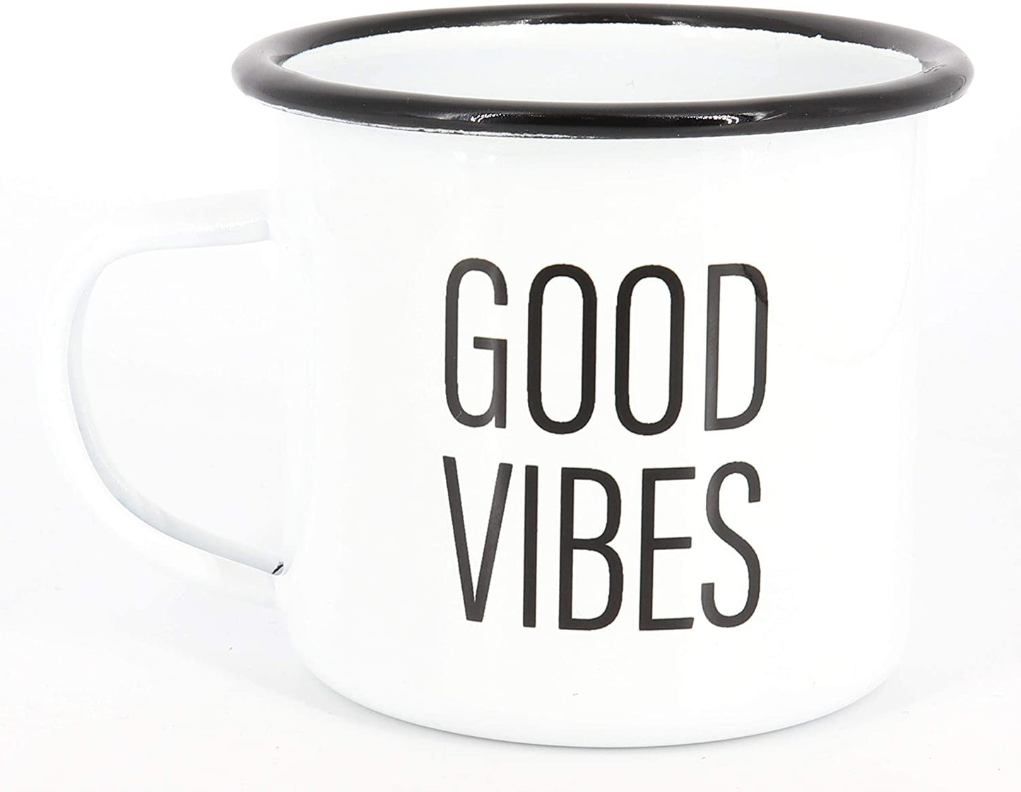 Emaille Tasse Good Vibes, Geschenk, Edelstahl-Becher, Metall-Tasse, Campingbecher, Kaffeetasse