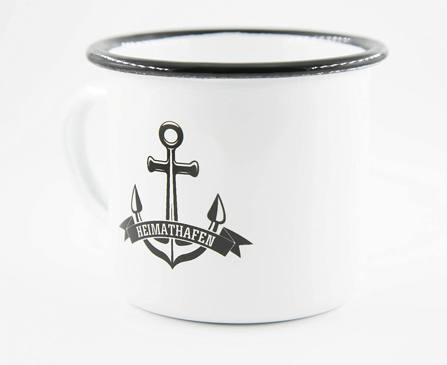PICSonPAPER Emaille Tasse mit Anker und Schriftzug Heimathafen, Geschenk, Edelstahl-Becher, Metall-Tasse, Campingbecher, Kaffeetasse