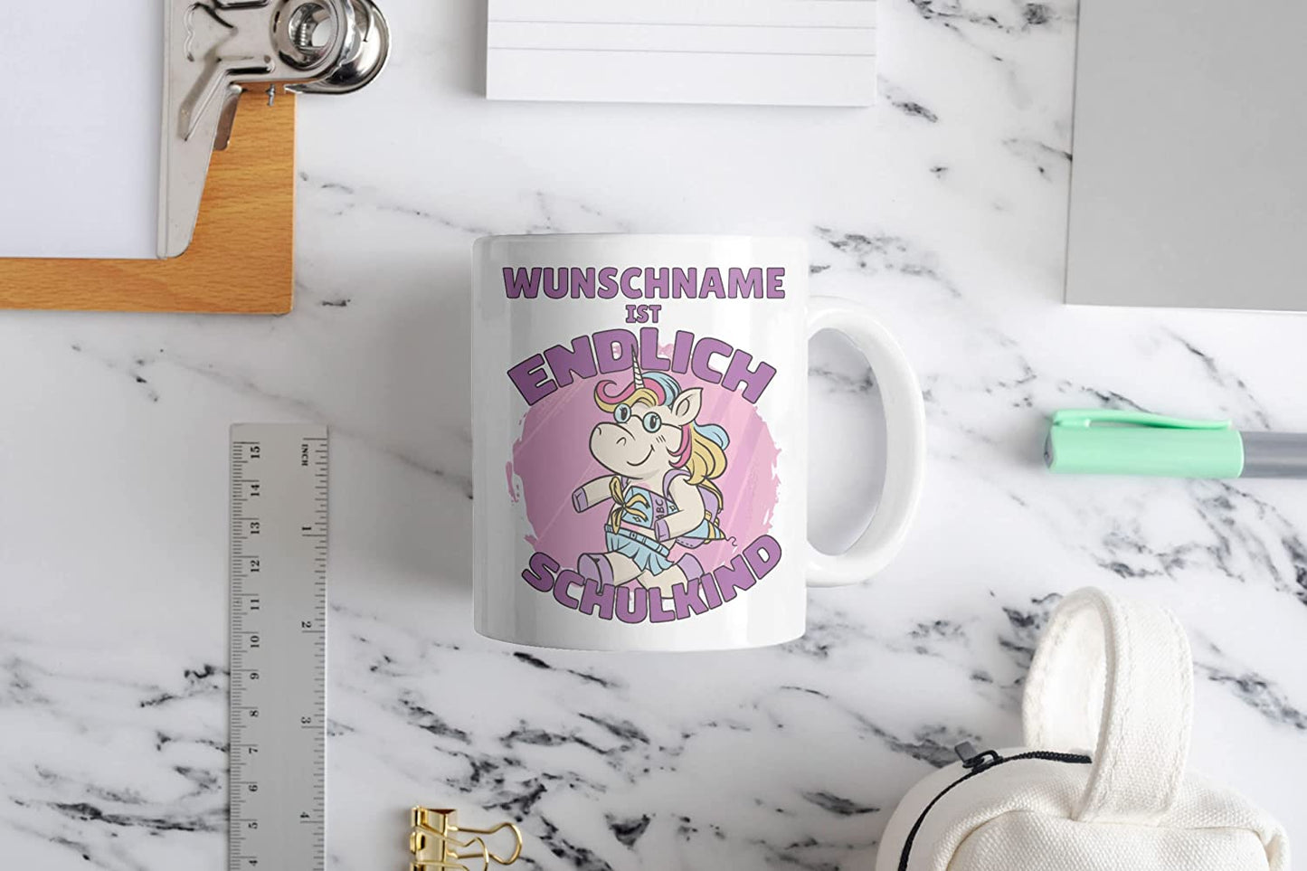 Tasse personalisiert mit Namen, Wunschname ist endlich Schulkind, persönliche Geschenke zur Einschulung, Einhorn Namenstasse
