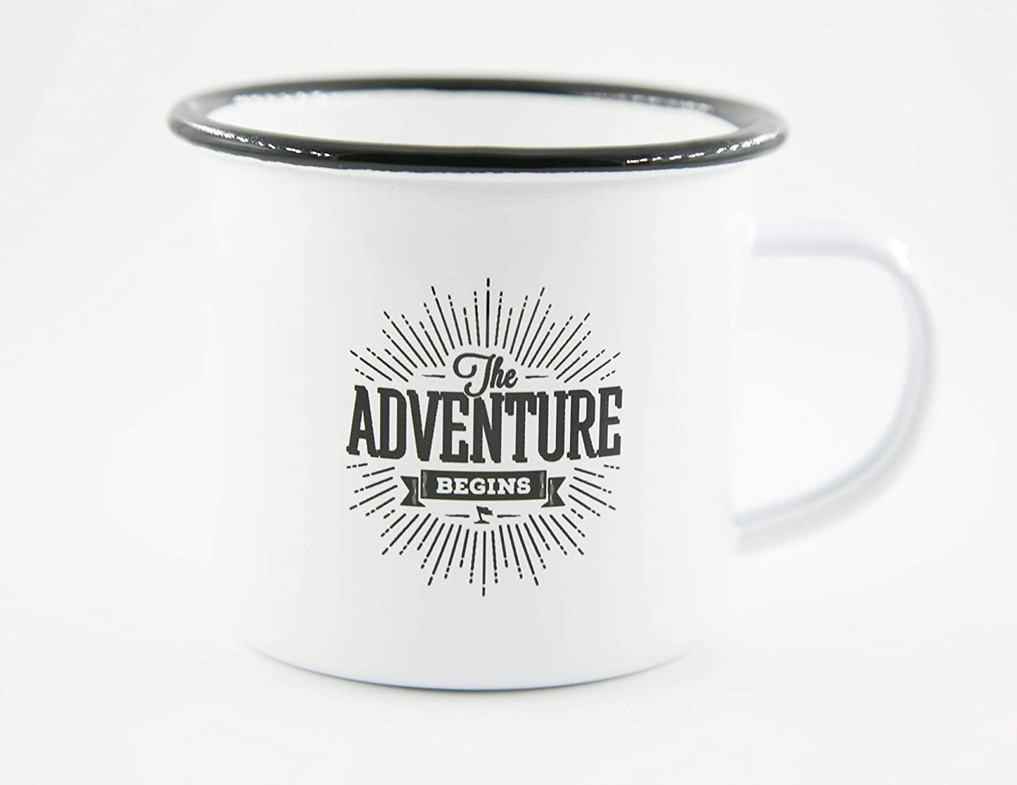 PICSonPAPER Emaille Tasse mit Spruch The Adventure Begins, Geschenk, Edelstahl-Becher, Metall-Tasse, Campingbecher, Kaffeetasse (Motiv 2)