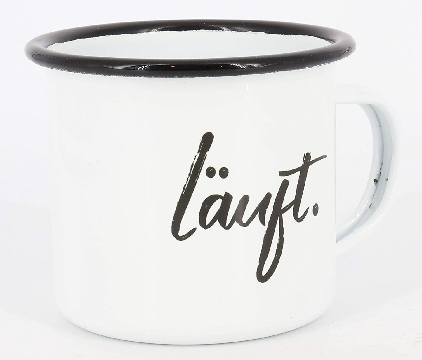 Emaille Tasse Spruch"Läuft", Geschenk, Edelstahl-Becher, Metall-Tasse, Campingbecher, Kaffeetasse