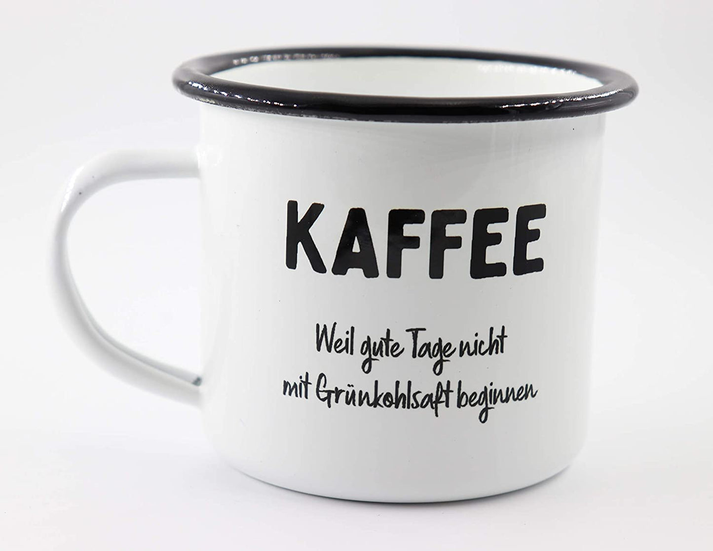 PICSonPAPER Emaille Tasse mit Schriftzug Kaffee Weil Gute Tage Nicht mit Grünkohlsaft beginnen, Geschenk, Edelstahl-Becher, Metall-Tasse, Campingbecher, Kaffeetasse