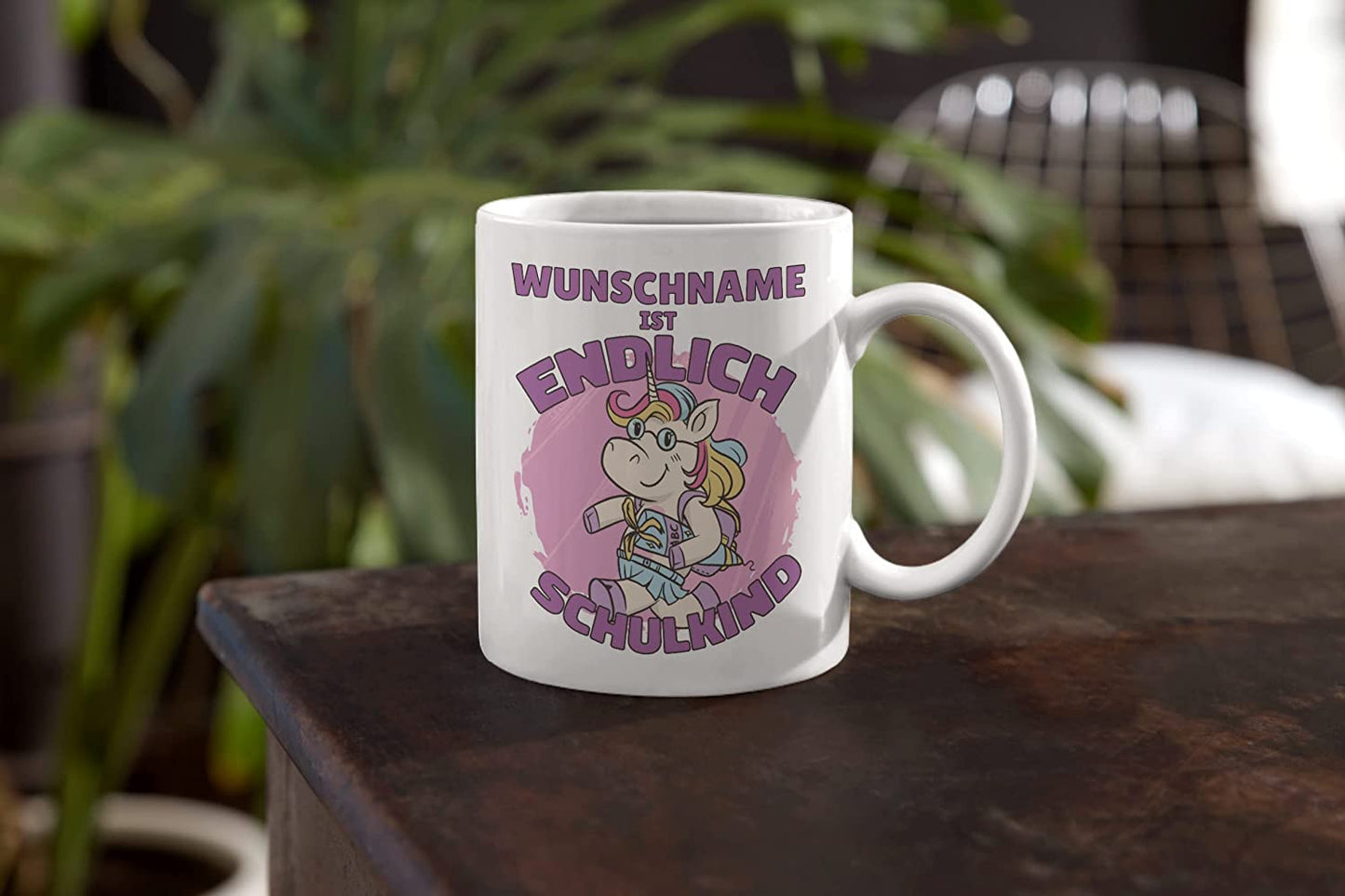 Tasse personalisiert mit Namen, Wunschname ist endlich Schulkind, persönliche Geschenke zur Einschulung, Einhorn Namenstasse