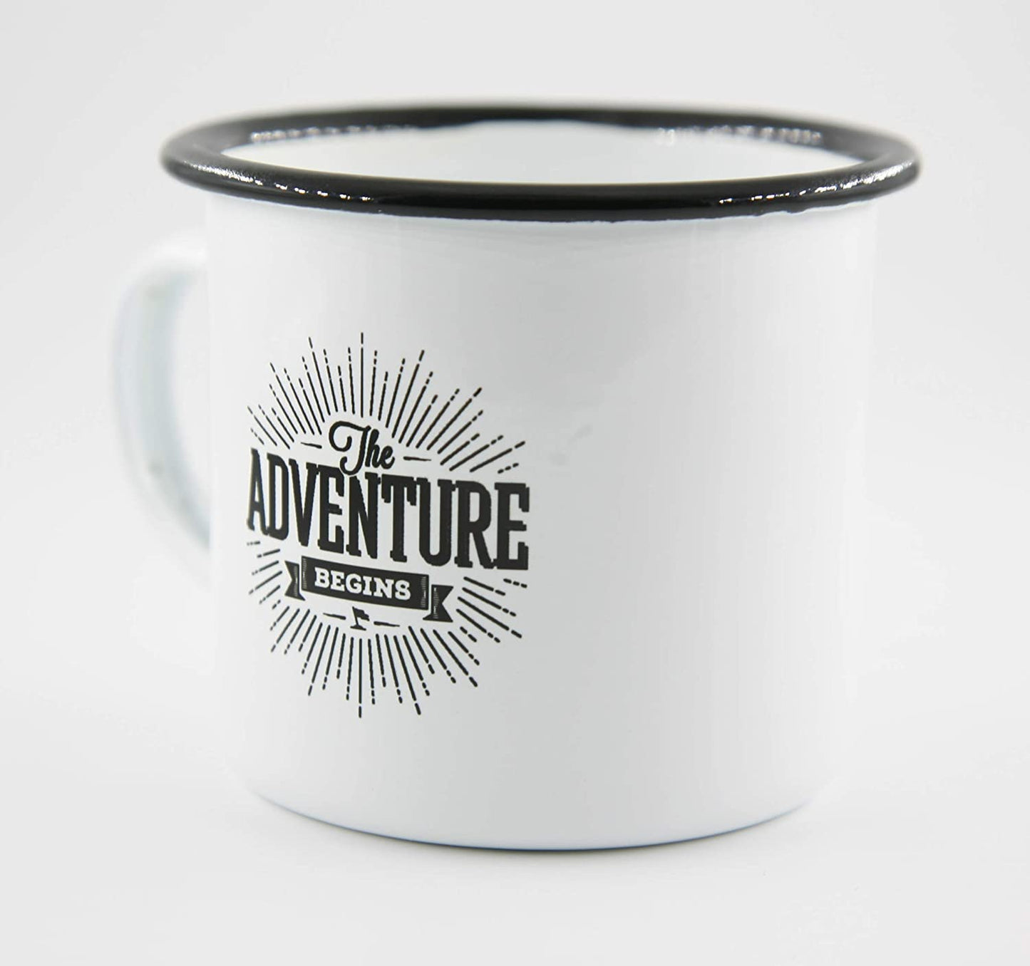 PICSonPAPER Emaille Tasse mit Spruch The Adventure Begins, Geschenk, Edelstahl-Becher, Metall-Tasse, Campingbecher, Kaffeetasse (Motiv 2)