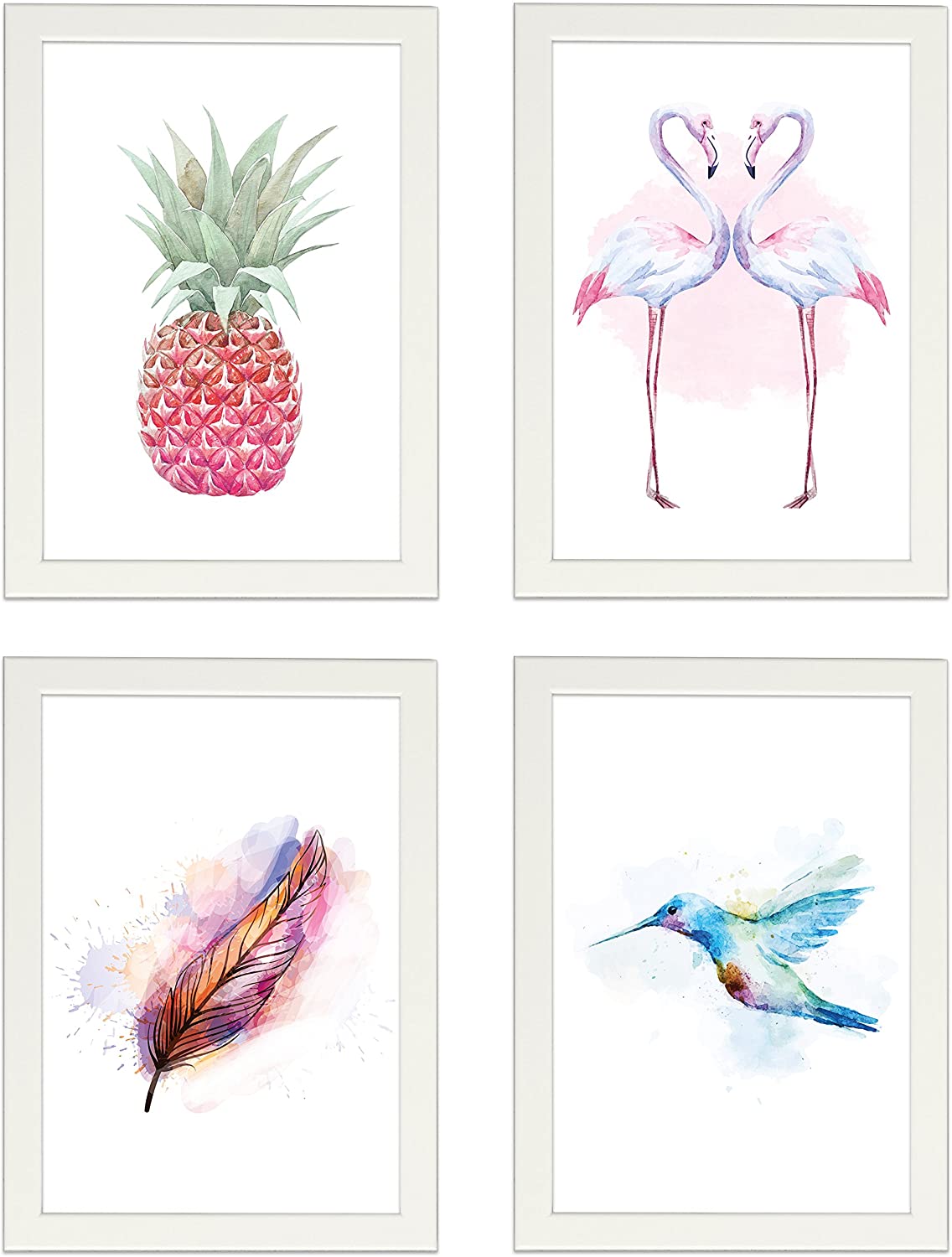 PICSonPAPER Poster 4er-Set Tropic AQUARELL, DIN A4, Dekoration für Wohn- und Arbeitsräume, Ananas, Flamingo, Feder, Kolibri, Kunstdruck, Geschenk, Wandbild