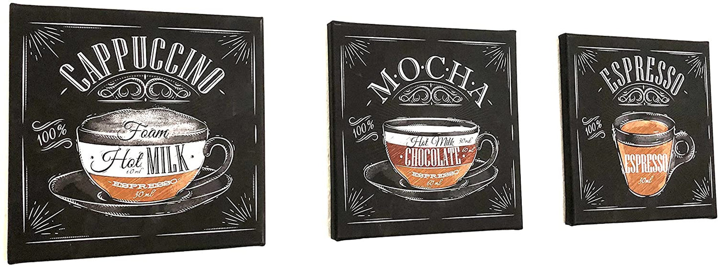 PICSonPAPER Leinwandbilder 3er-Set Kaffee, je 30 cm x 30 cm, Dekoration, Kunstdruck, Wandbild, Geschenk, Leinwand Küche, 3 Teile je 30 x 30
