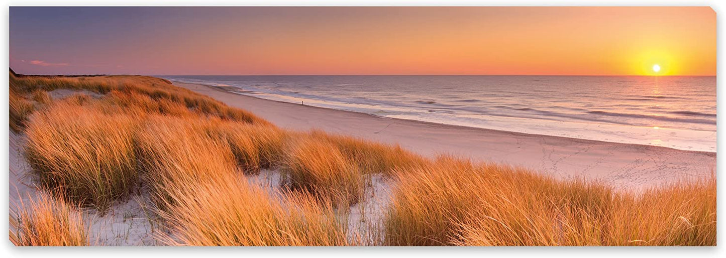 PICSonPAPER Leinwandbild Panorama Nordsee Strand im Sonnenuntergang, 90 cm x 30 cm, Dekoration, Kunstdruck, Wandbild, Geschenk, Leinwand Nordsee (Nordsee Sonnenuntergang)