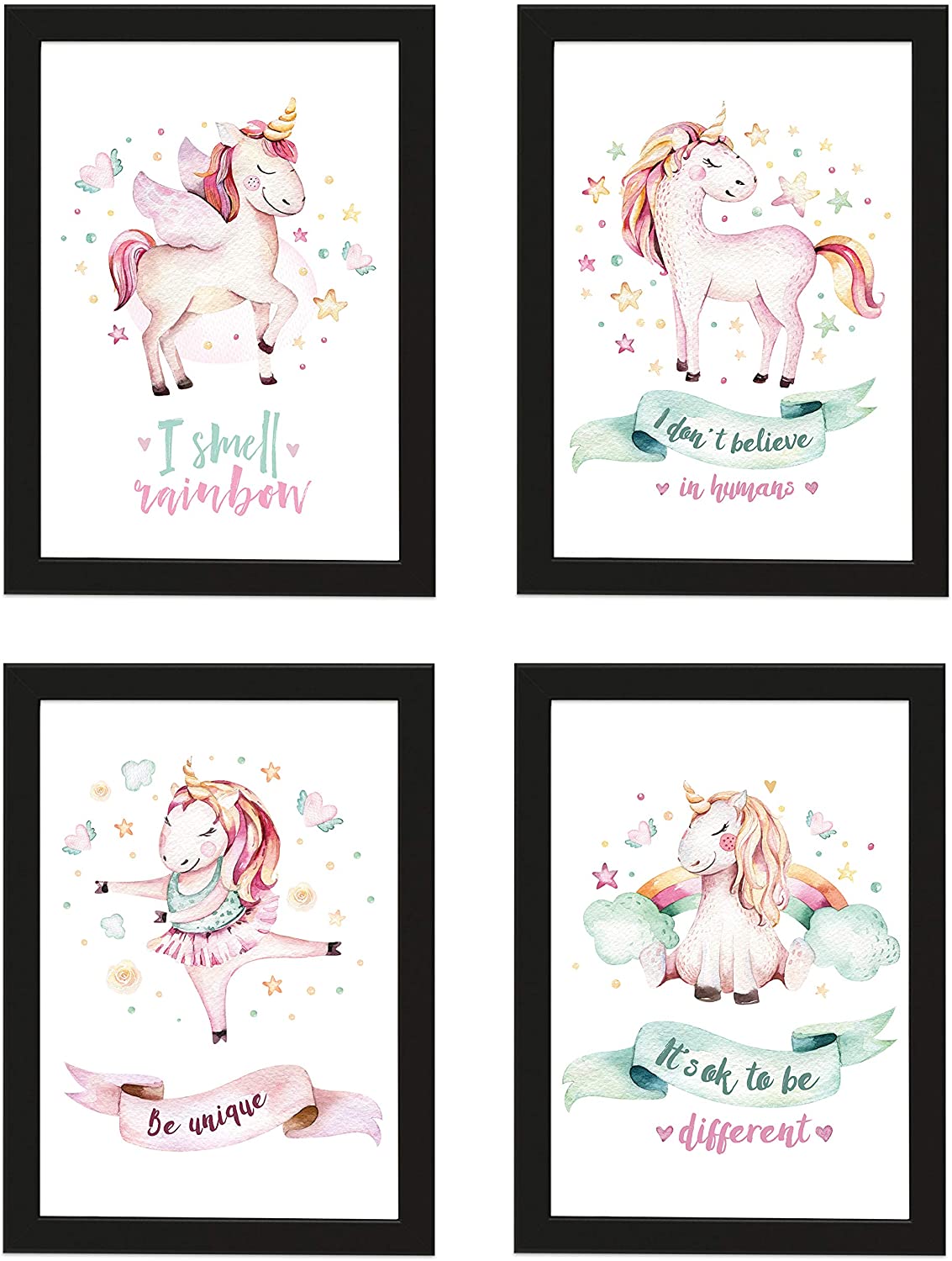 PICSonPAPER Kinder Poster 4er-Set Einhörner, schwarz gerahmt DIN A4, Dekoration fürs Kinderzimmer, Babyzimmer, Kinderposter, Babyposter, Wasserfarben, Wandbild (Schwarz gerahmt DIN A4)