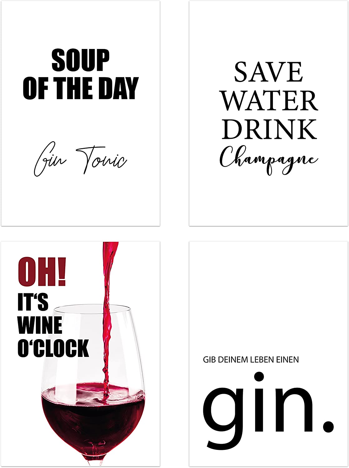 Poster 4er-Set "Trinken", ungerahmt 30 cm x 40 cm, Soup of the day Gin Tonic, Save water, drink champagne etc., Poster, Dekoration, Wandbild, Geschenk, Getränke, Gin, Wein (Ungerahmt 30 cm x 40 cm)