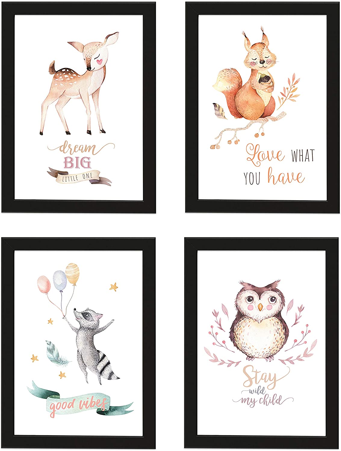 PICSonPAPER Kinder Poster 4er-Set Waldtiere, schwarz gerahmt DIN A4, Dekoration fürs Kinderzimmer, Babyzimmer, Kinderposter, Babyposter, Wasserfarben (schwarz gerahmt DIN A4)