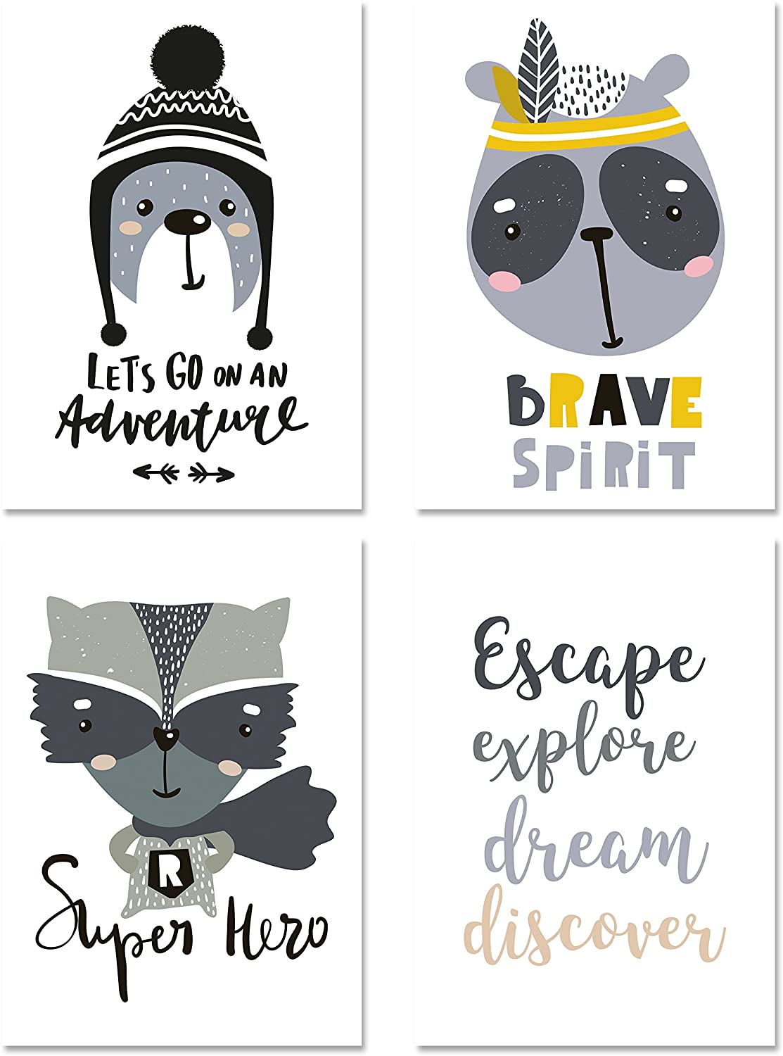 PICSonPAPER Kinder Leinwandbilder 4er-Set Adventure, je 30cm x 40 cm, Dekoration fürs Kinderzimmer im skandinavischen Stil, Tierposter, Illustrationen, Kinderposter (Leinwandbilder 30 cm x 40 cm)