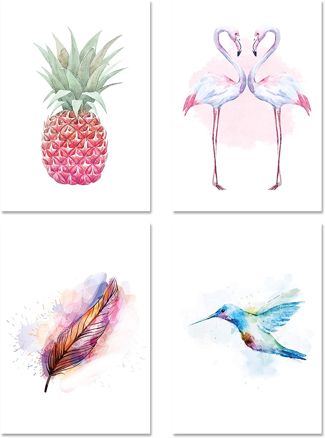 PICSonPAPER Poster 4er-Set Tropic AQUARELL, DIN A4, Dekoration für Wohn- und Arbeitsräume, Ananas, Flamingo, Feder, Kolibri, Kunstdruck, Geschenk, Wandbild
