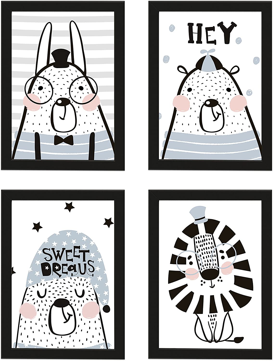 PICSonPAPER Kinder Poster 4er-Set Tiere, gerahmt DIN A4, Dekoration fürs Kinderzimmer im skandinavischen Stil, Kinderposter, Poster mit Rahmen (Mit IKEA FISKBO schwarz)