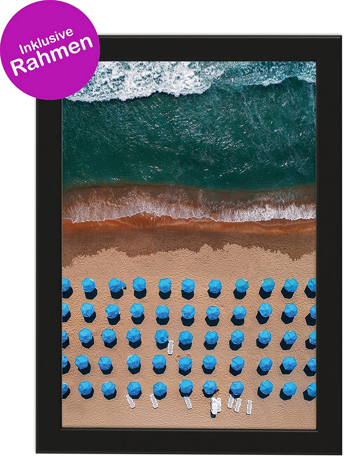 PICSonPAPER Kunstdruck DIN A4 Beach, gerahmt mit schwarzem Bilderrahmen, Geschenk, Poster mit Rahmen, Geschenkidee, Geburtstagsgeschenk, Wandbild, Strand von Oben (Mit IKEA Fiskbo Schwarz Rahmen)