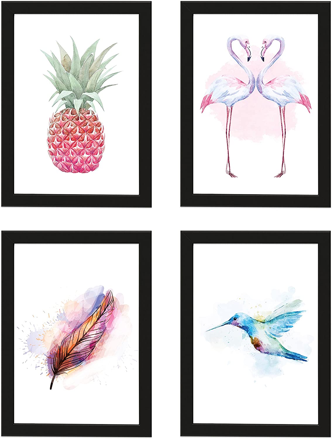PICSonPAPER Poster 4er-Set Tropic AQUARELL, DIN A4, Dekoration für Wohn- und Arbeitsräume, Ananas, Flamingo, Feder, Kolibri, Kunstdruck, Geschenk, Wandbild