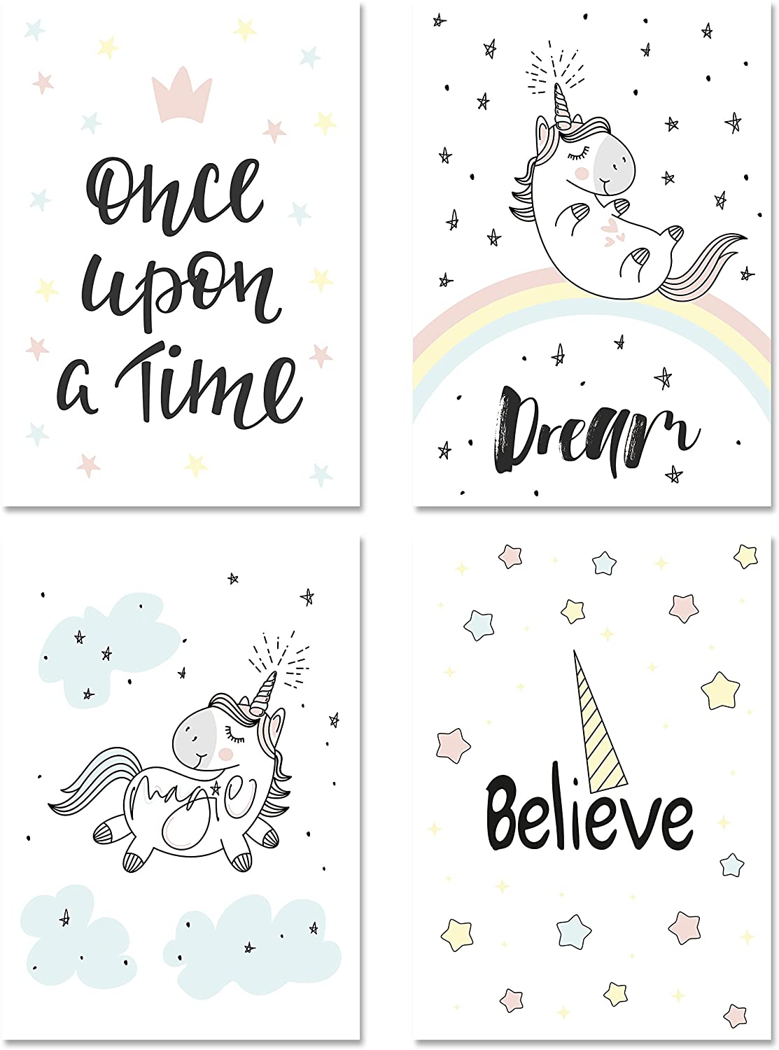 PICSonPAPER Kinder Poster 4er-Set Einhorn 2", ungerahmt DIN A4, Dekoration fürs Kinderzimmer für Mädchen, Kinderposter, Geschenk, Kunstdruck