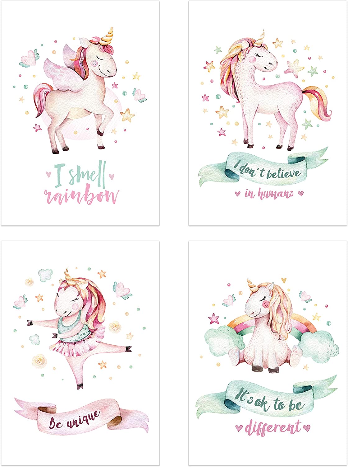 PICSonPAPER Kinder Poster 4er-Set Einhörner, ungerahmt 30cm x 40cm, Dekoration fürs Kinderzimmer, Babyzimmer, Kinderposter, Babyposter, Wasserfarben, Wandbild (Ungerahmt 30cm x 40cm)