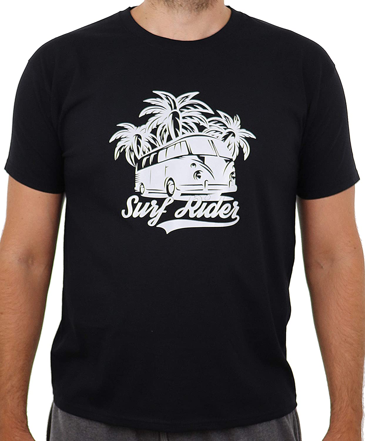 Surf-T-Shirt, Schwarzes T-Shirt mit weissem Aufdruck, Surfgrafik, Surfer