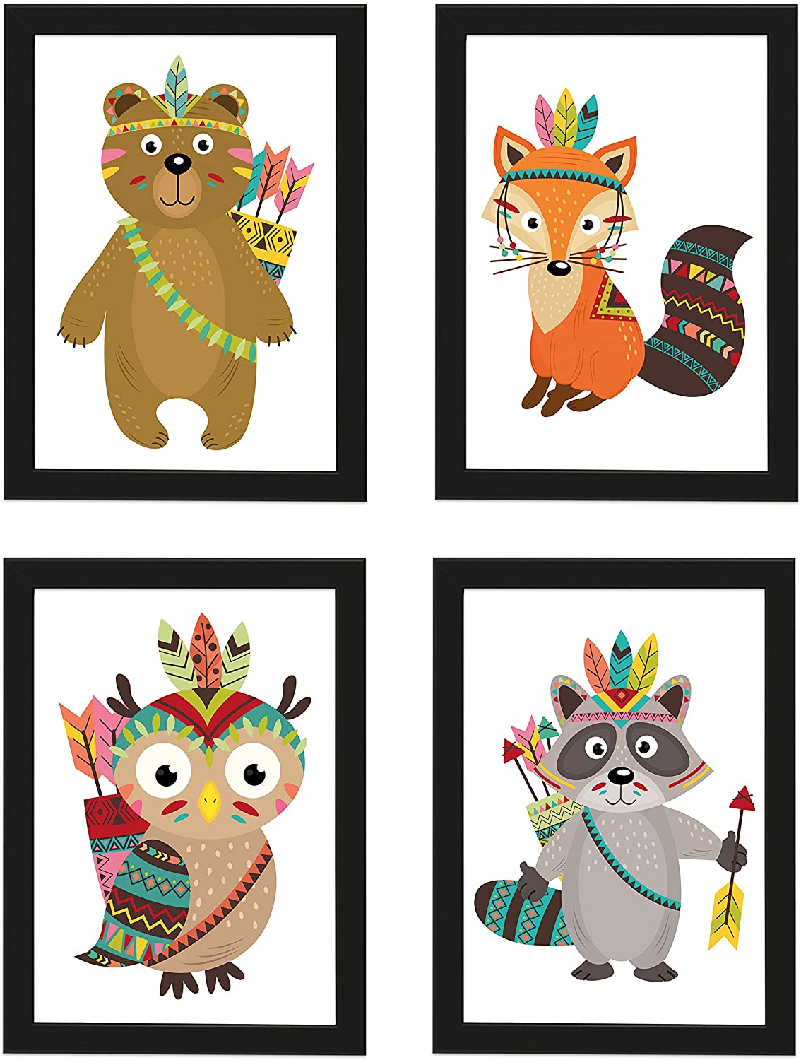 Kinder Poster 4er-Set INDIANER, gerahmt DIN A4, Dekoration fürs Kinderzimmer, Babyzimmer, Kinderposter, Babyposter, Poster mit Rahmen, Wandbild, Kunstdruck, Geschenk (Mit IKEA FISKBO schwarz)