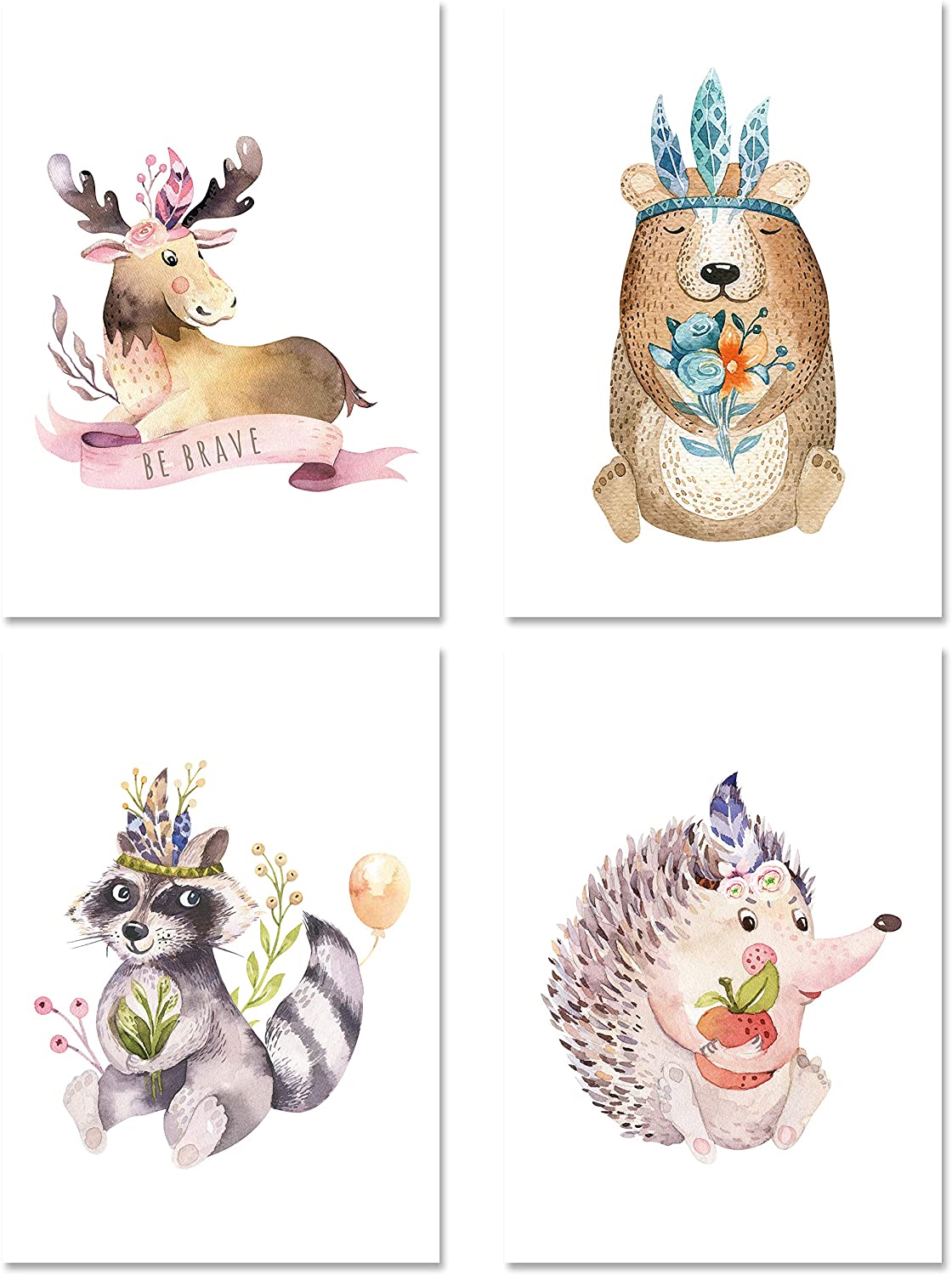 PICSonPAPER Kinder Poster 4er-Set Boho Tiere, ungerahmt DIN A4, Dekoration fürs Kinderzimmer, Babyzimmer, Kinderposter, Babyposter, Wasserfarben, Wandbild