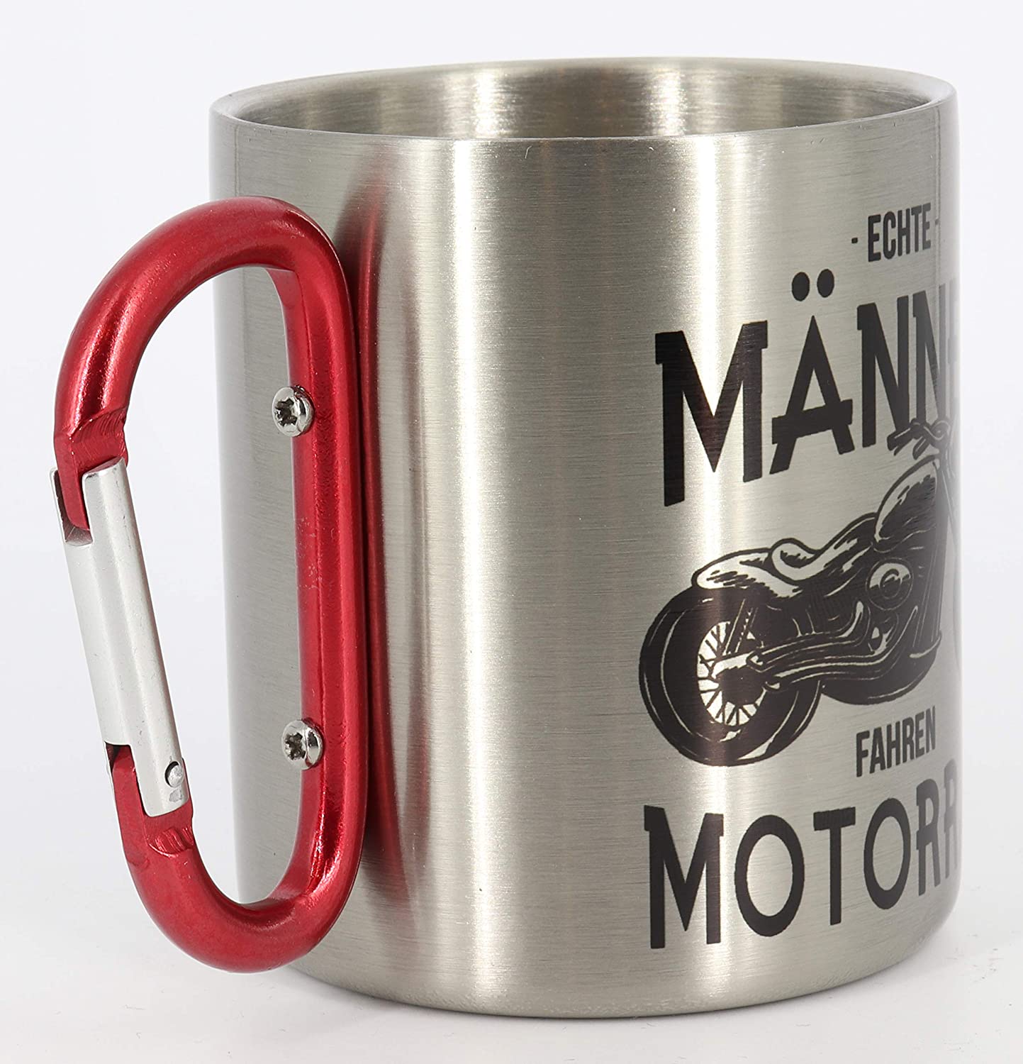 Edelstahltasse mit Karabiner Echte Männer Fahren Motorrad, Blechtasse, Outdoor, Becher, Metall-Tasse, Campingbecher, Karabinerhaken