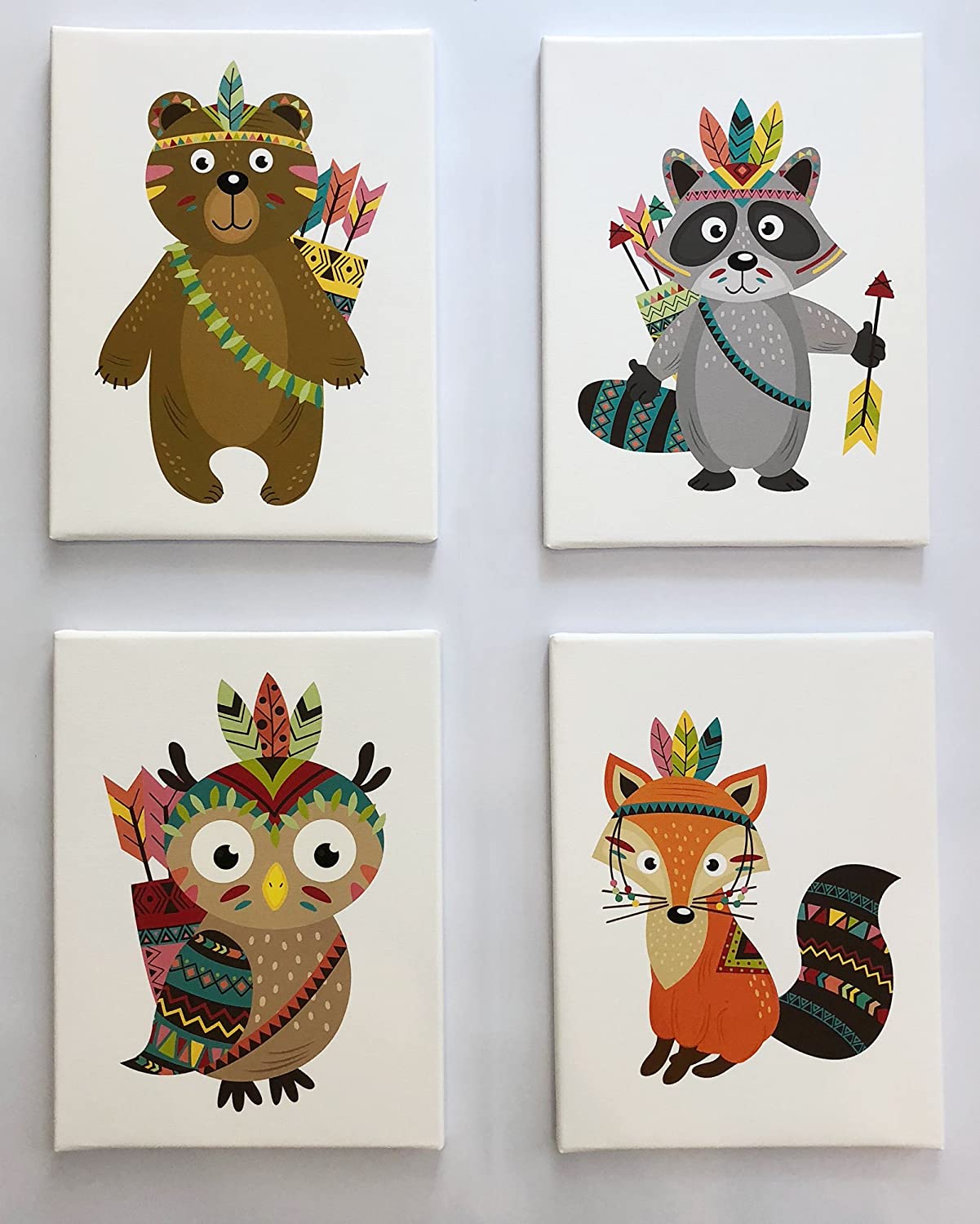 PICSonPAPER Kinder Leinwandbilder 4er-Set Indianer, je 30cm x 40 cm Dekoration fürs Kinderzimmer, Babyzimmer, Kinderposter, Babyposter, Leinwand-Druck, Wandbild, Geschenk (Leinwand 30 x 40)