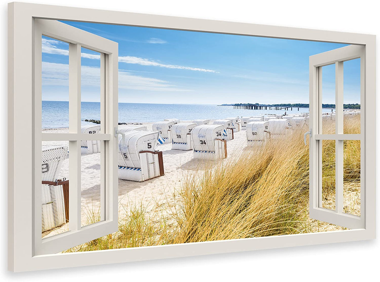 PICSonPAPER Leinwandbild Fenster zum Nordseestrand, 40 cm x 30 cm, Dekoration, Kunstdruck, Wandbild, Geschenk, Leinwand Natur, Nordsee, Meer, Strand