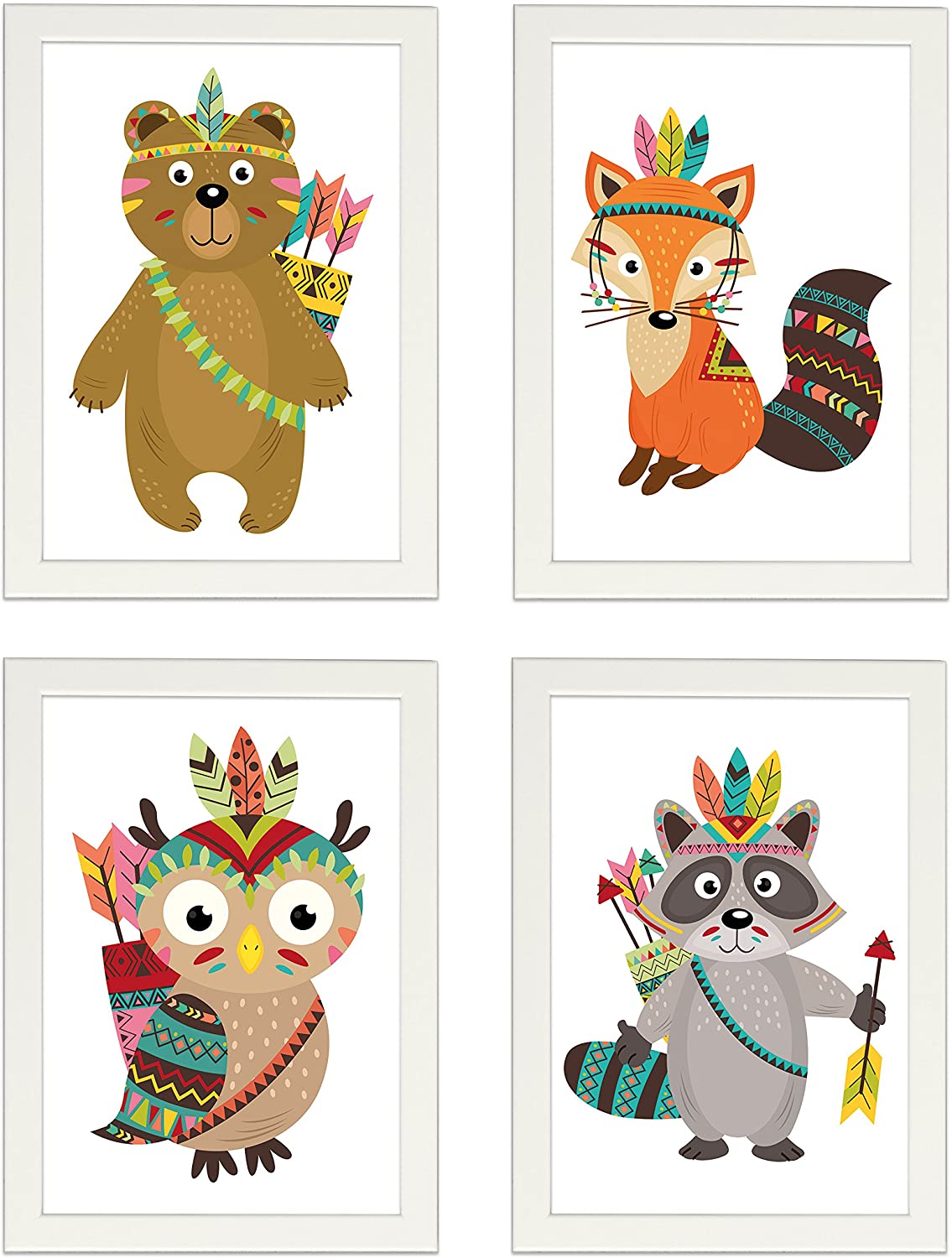 Kinder Poster 4er-Set INDIANER, gerahmt DIN A4, Dekoration fürs Kinderzimmer, Babyzimmer, Kinderposter, Babyposter, Poster mit Rahmen, Wandbild, Kunstdruck, Geschenk (Mit IKEA FISKBO weiss)