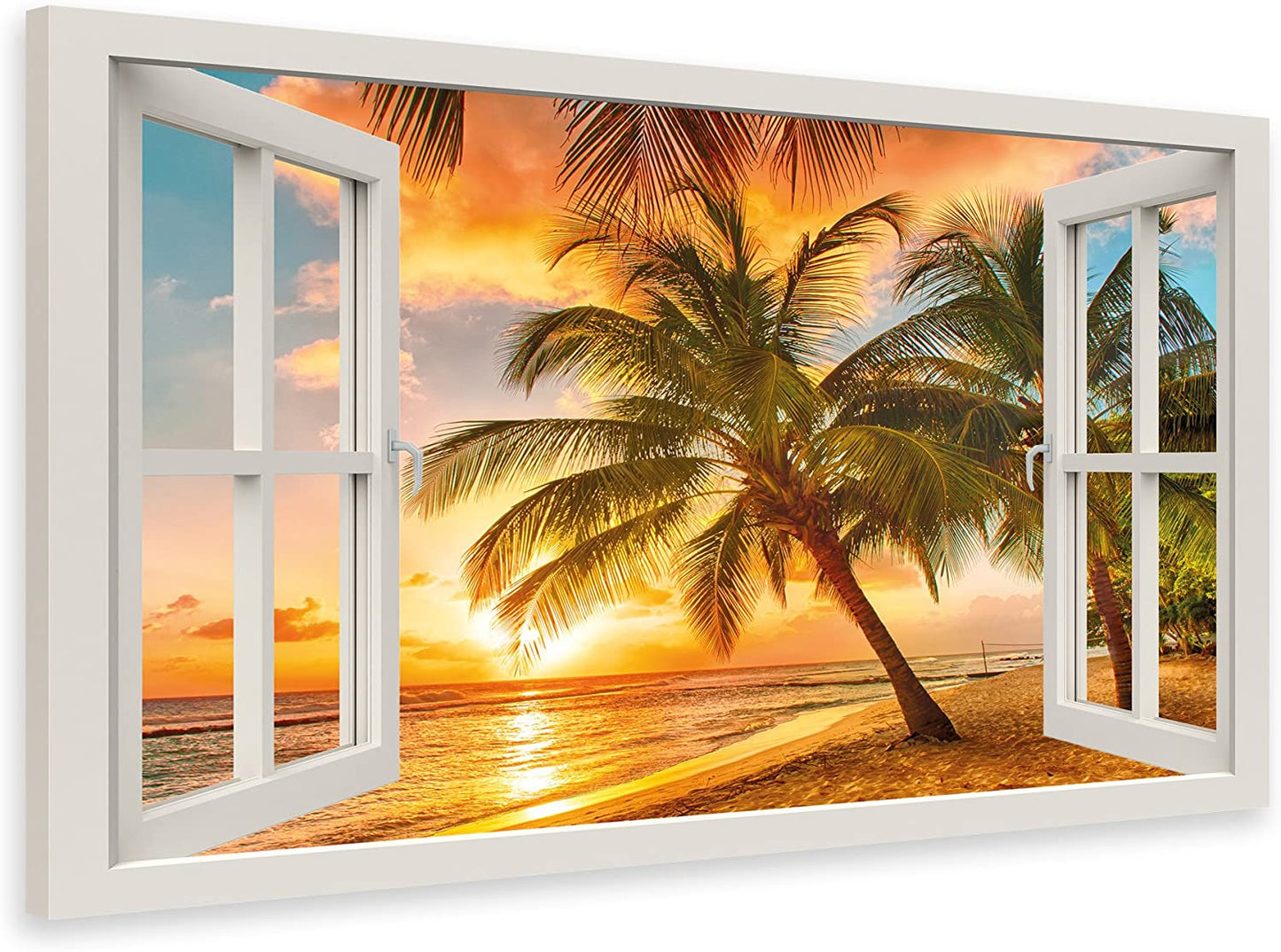 PICSonPAPER Leinwandbild Fenster zum Traumstrand, 40 cm x 30 cm, Dekoration, Kunstdruck, Wandbild, Geschenk, Leinwand Natur, Meer, Strand, Sonne, Palmen