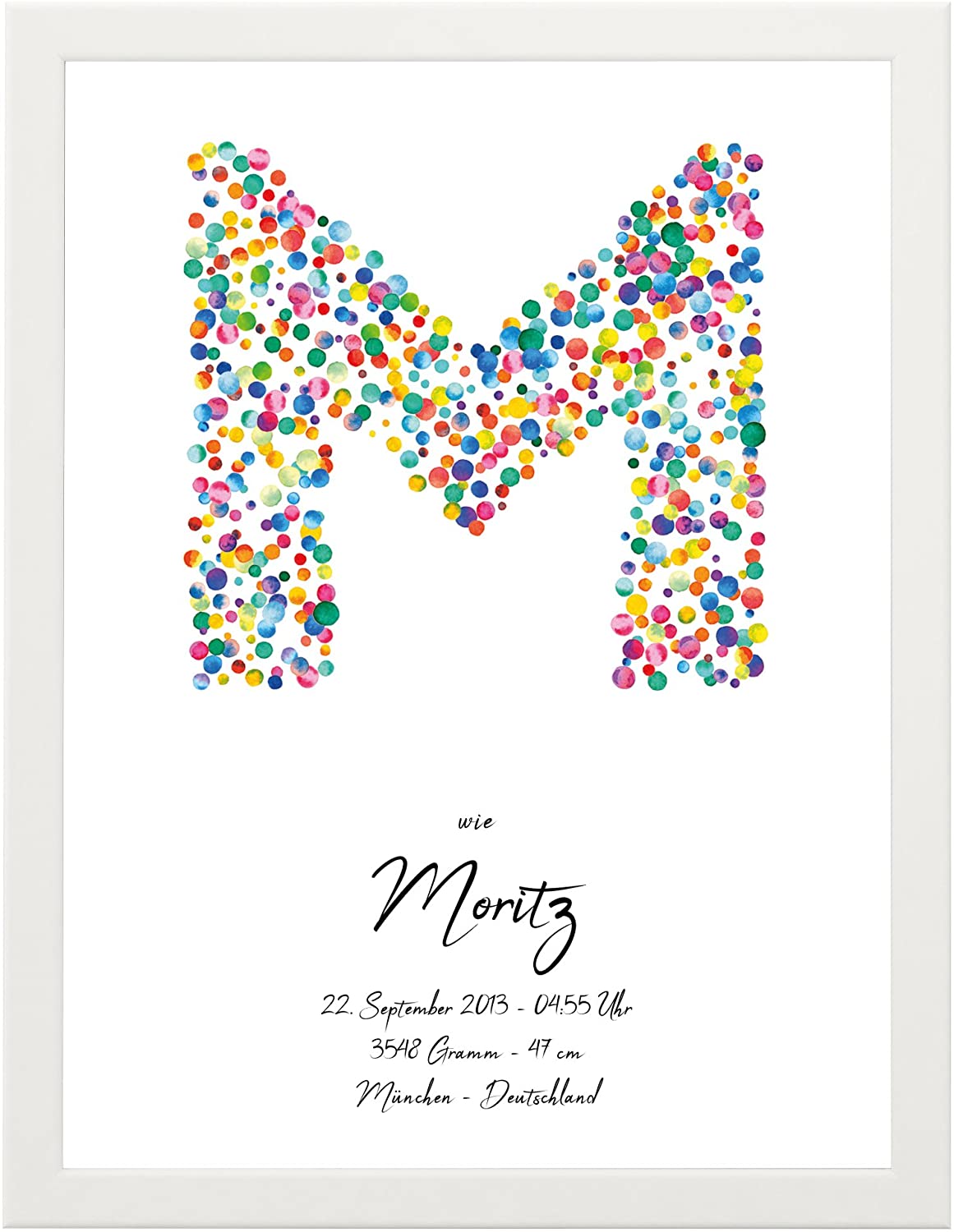 Personalisiertes Poster zur Geburt, 30 cm breit x 40 cm hoch, gerahmt mit weissem Bilderrahmen, Geschenk zur Geburt, Namensbild, Geburtsbild, Taufe, Fineartprint, Personalisierbares Poster