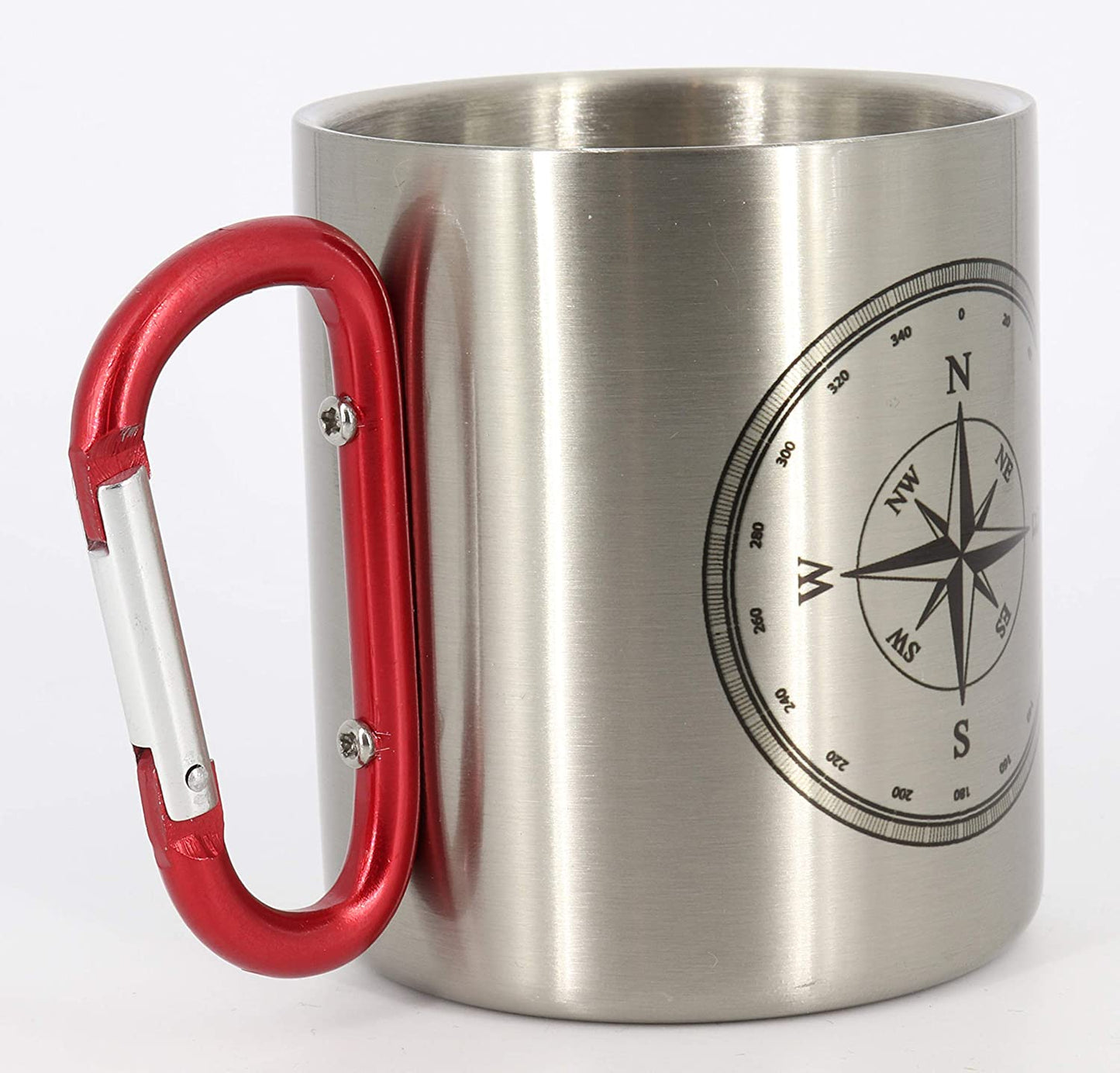 Edelstahltasse mit Karabiner Kompass, Blechtasse, Outdoor, Becher, Metall-Tasse, Campingbecher, Karabinerhaken